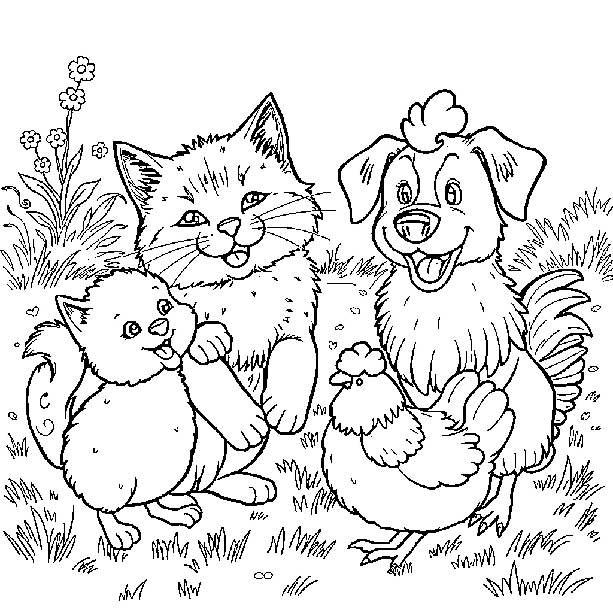 Cat and dog playing together in nature Coloring Page (free black-and-white line drawing printable PDF for all, from beginners to advanced learners, including children, teens, adults, and seniors)