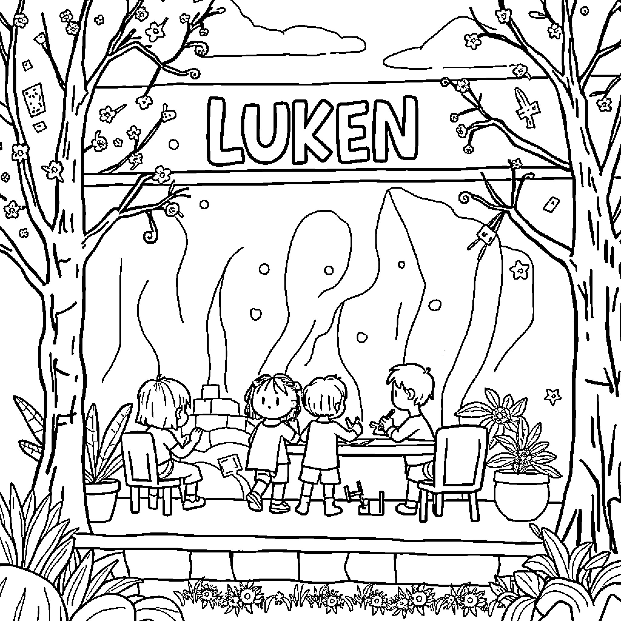 Luken's Imaginative Adventure with Friends Coloring Page (free black-and-white line drawing printable PDF for all, from beginners to advanced learners, including children, teens, adults, and seniors)