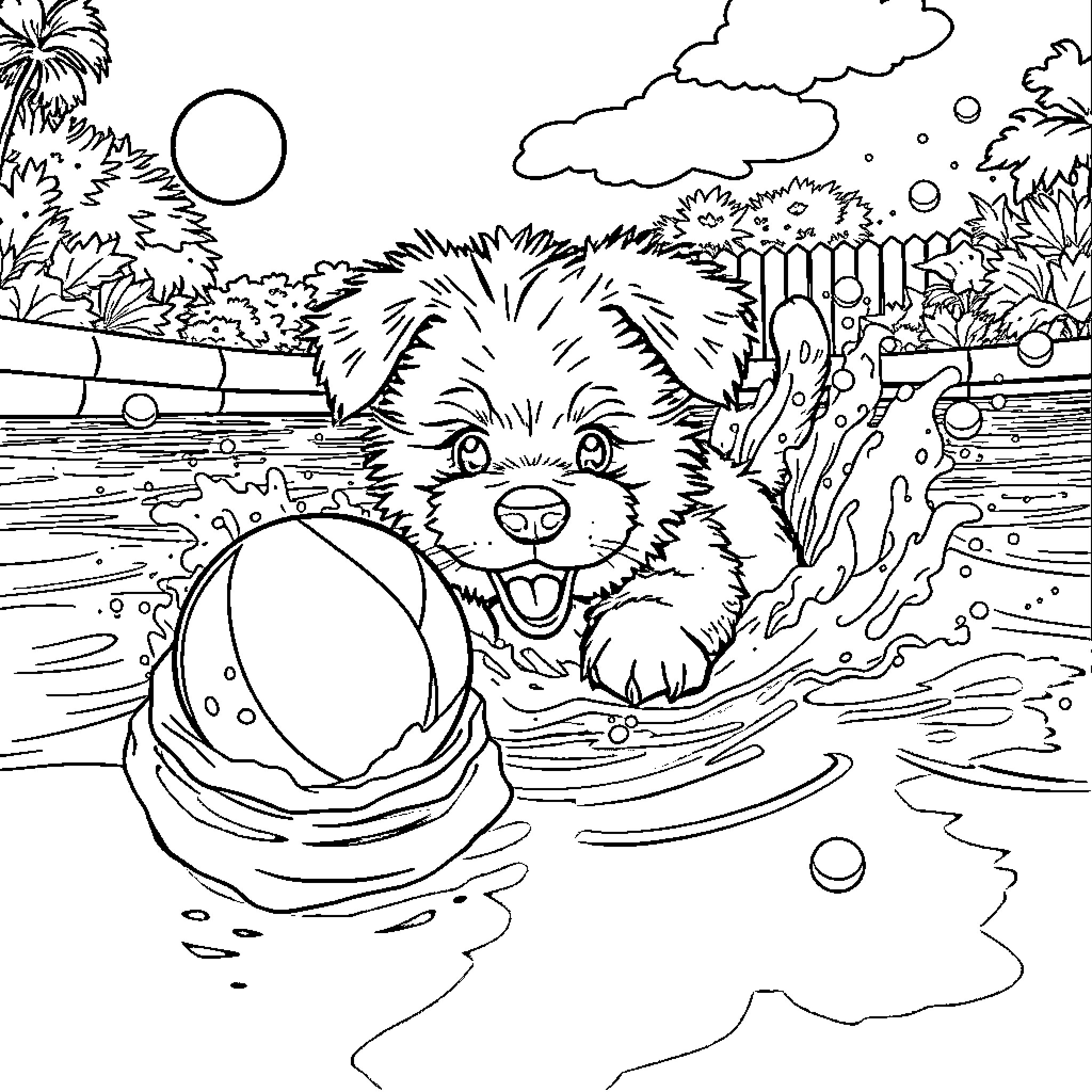 Puppy playing with beach ball in the water Coloring Page (free black-and-white line drawing printable PDF for all, from beginners to advanced learners, including children, teens, adults, and seniors)
