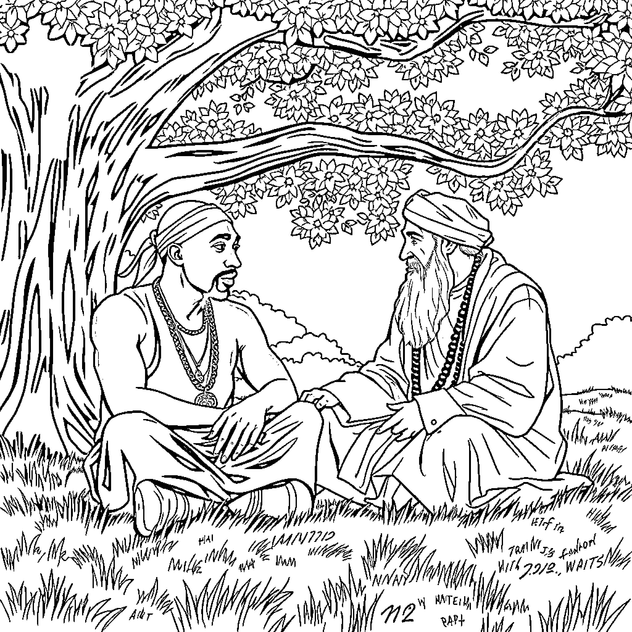 Tupac discussing with a wise elder under a tree Coloring Page (free black-and-white line drawing printable PDF for all, from beginners to advanced learners, including children, teens, adults, and seniors)