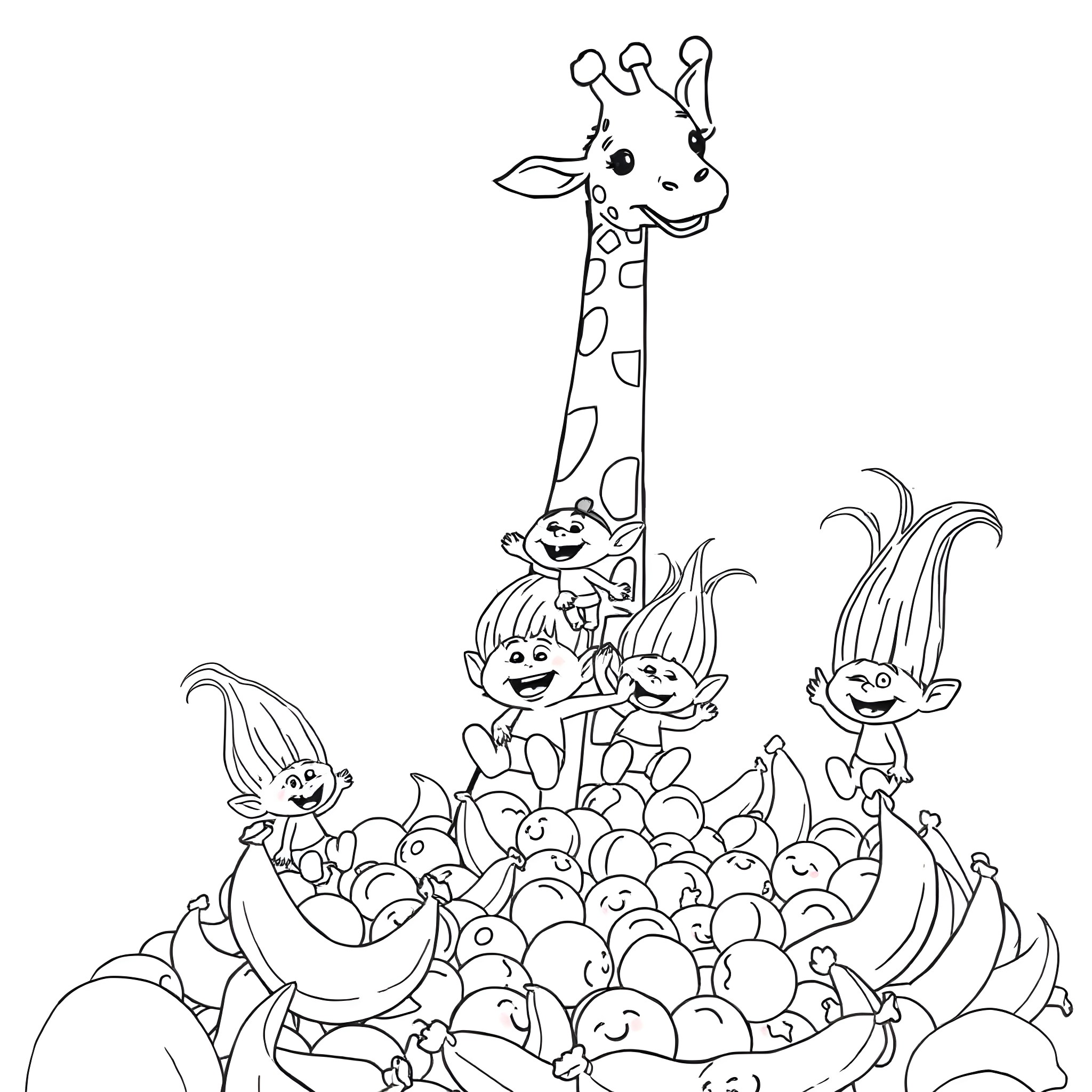 Troll characters in a vibrant fantasy scene Coloring Page (free black-and-white line drawing printable PDF for all, from beginners to advanced learners, including children, teens, adults, and seniors)