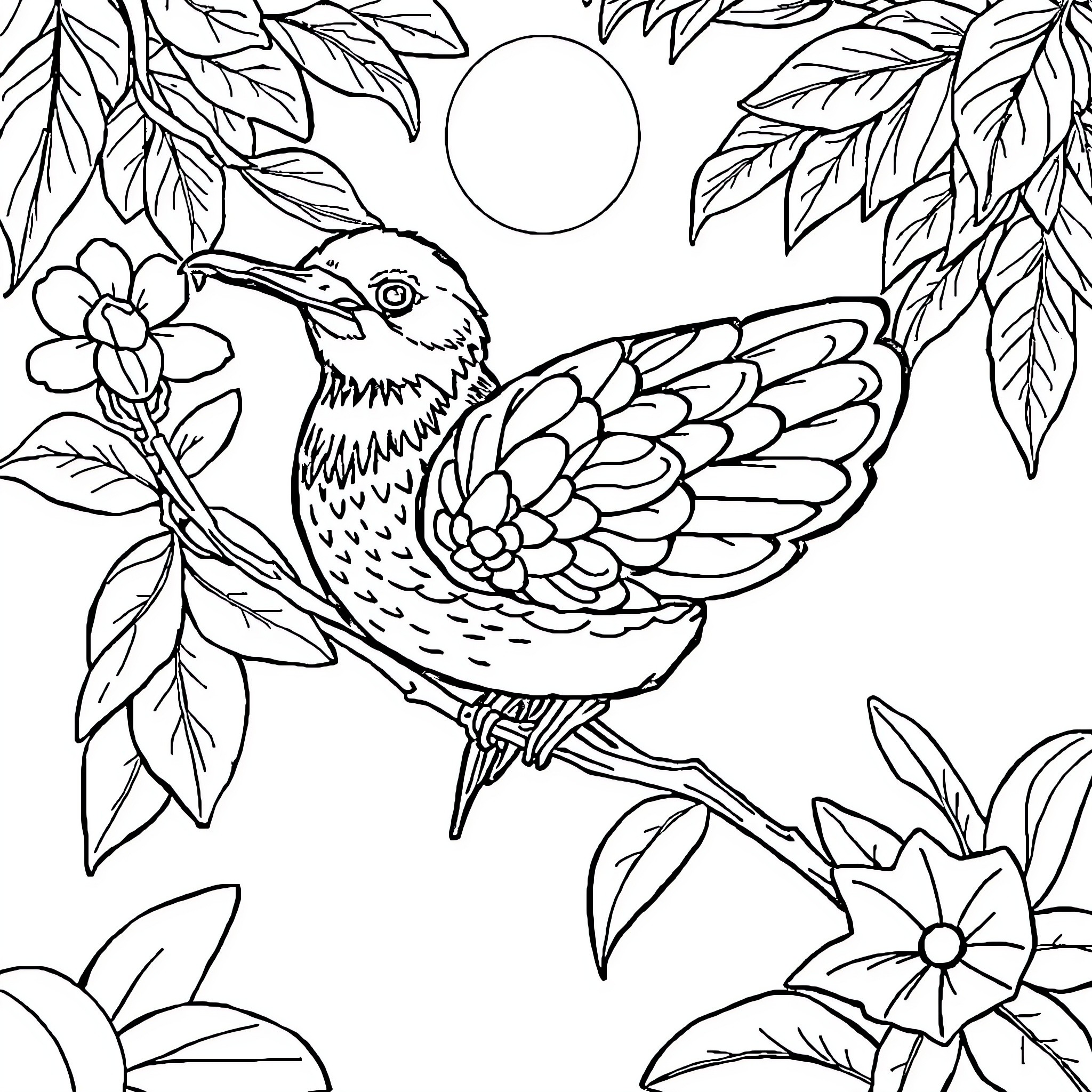 Pohon Bird resting amongst lush foliage Coloring Page (free black-and-white line drawing printable PDF for all, from beginners to advanced learners, including children, teens, adults, and seniors)