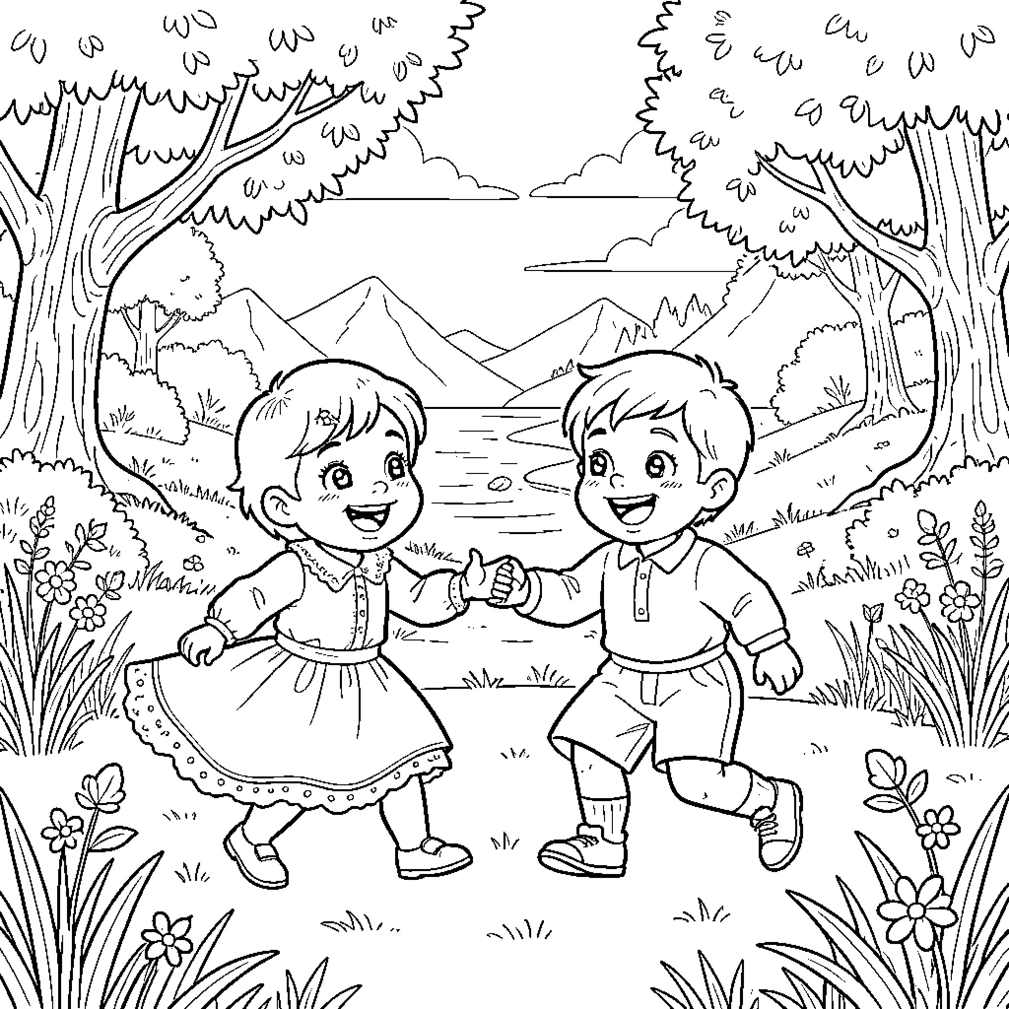 Child playing happily with friend in forest Coloring Page (free black-and-white line drawing printable PDF for all, from beginners to advanced learners, including children, teens, adults, and seniors)