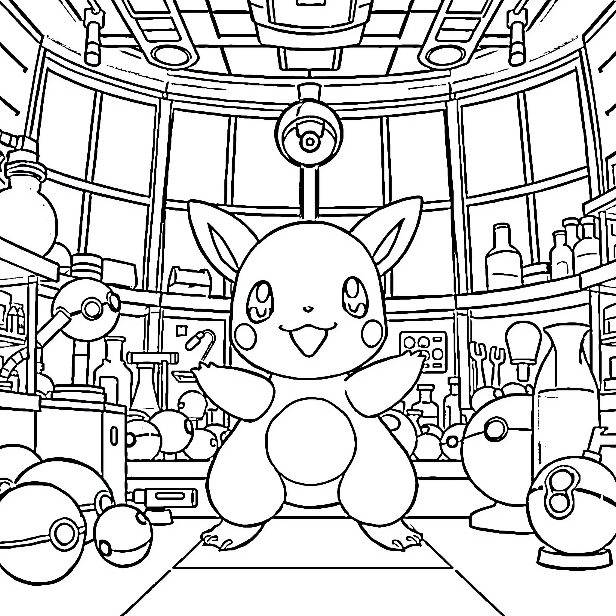 Pokémon Pikachu in a Cozy Laboratory Coloring Page (free black-and-white line drawing printable PDF for all, from beginners to advanced learners, including children, teens, adults, and seniors)