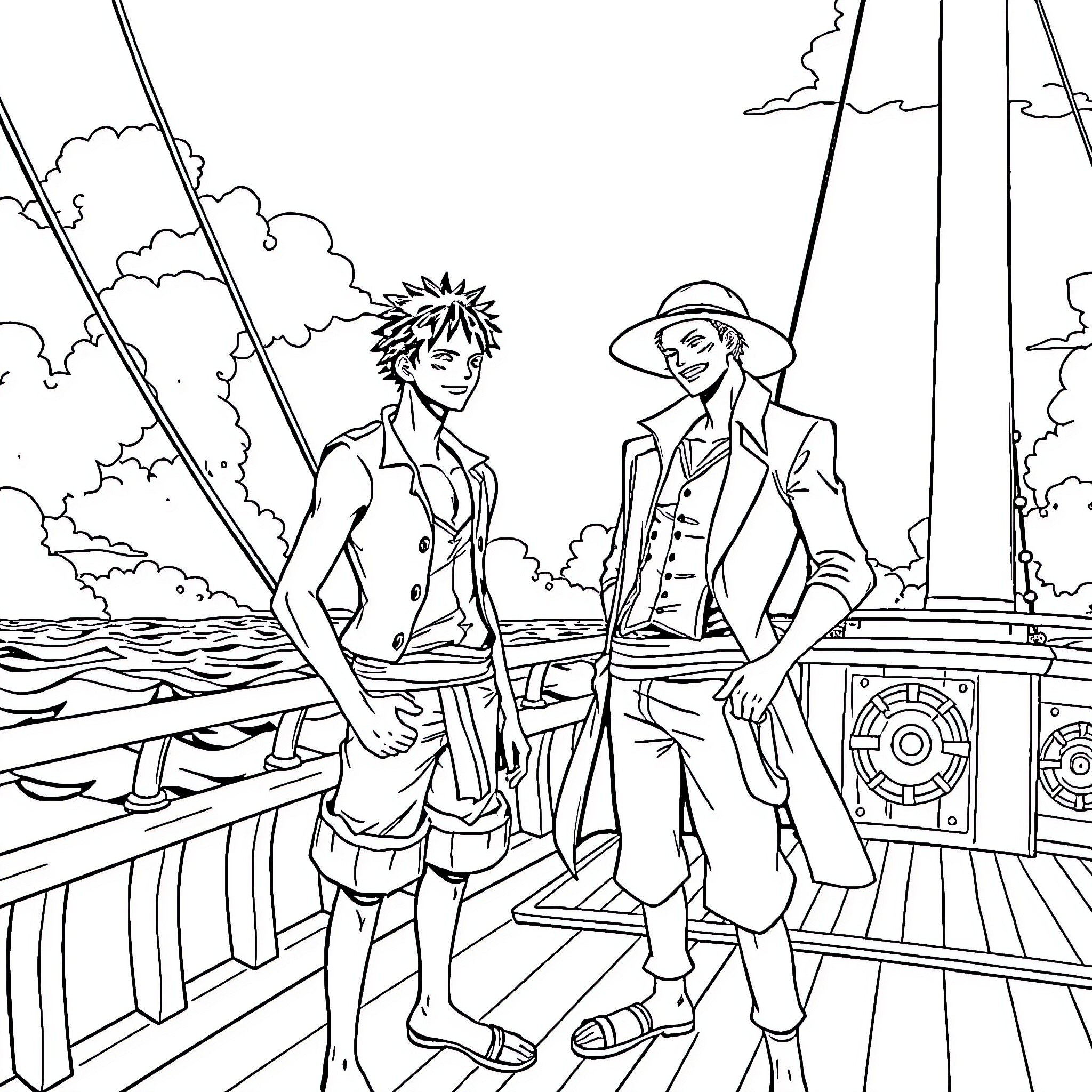 Roronoa Zoro and Monkey D. Luffy aboard a ship Coloring Page (free black-and-white line drawing printable PDF for all, from beginners to advanced learners, including children, teens, adults, and seniors)