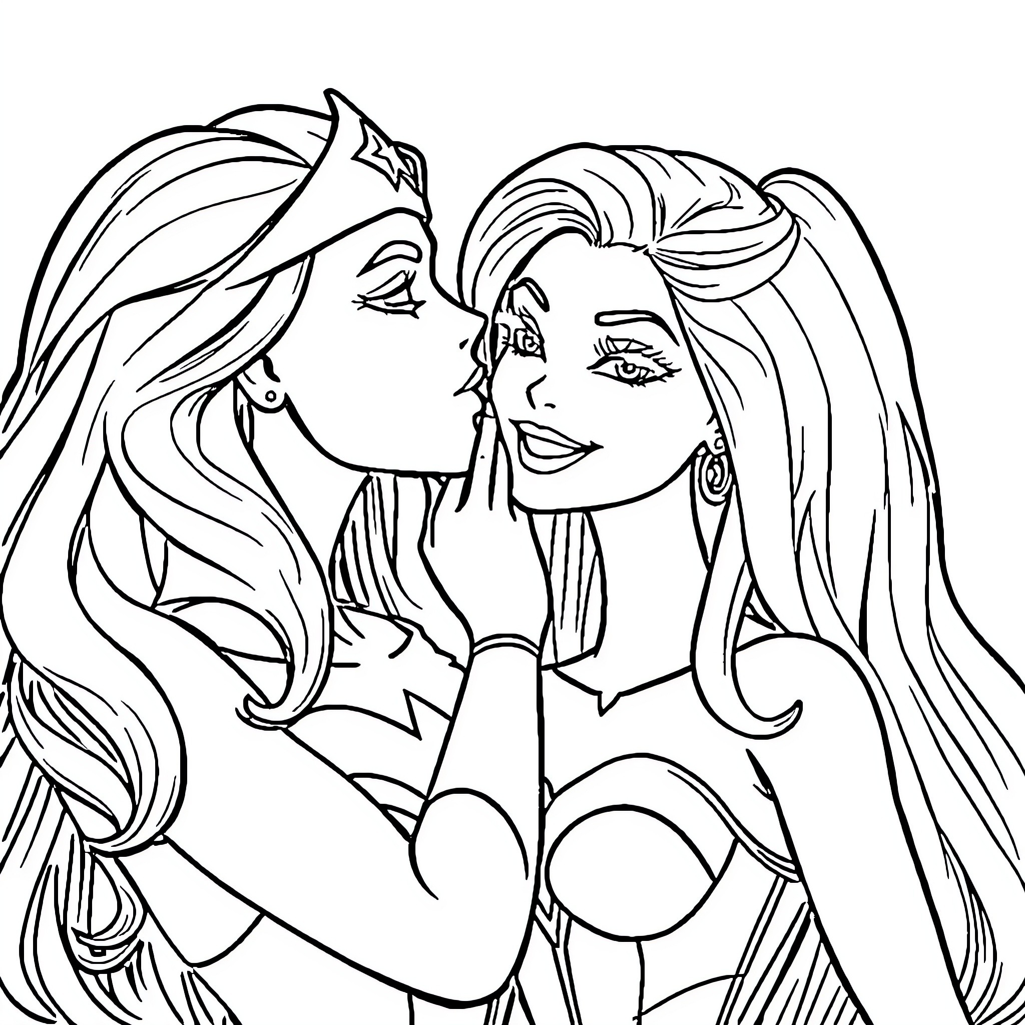 Wonder Woman Heroines in Action Pose Coloring Page (free black-and-white line drawing printable PDF for all, from beginners to advanced learners, including children, teens, adults, and seniors)