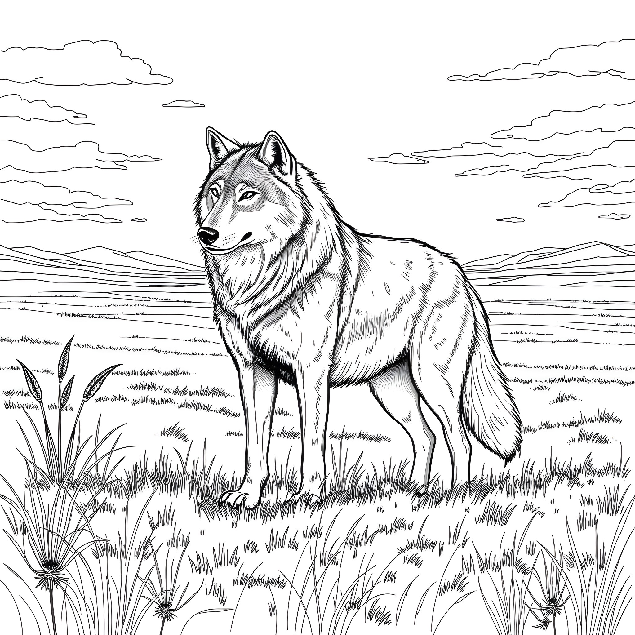 Wolf standing tall in a natural setting Coloring Page (free black-and-white line drawing printable PDF for all, from beginners to advanced learners, including children, teens, adults, and seniors)