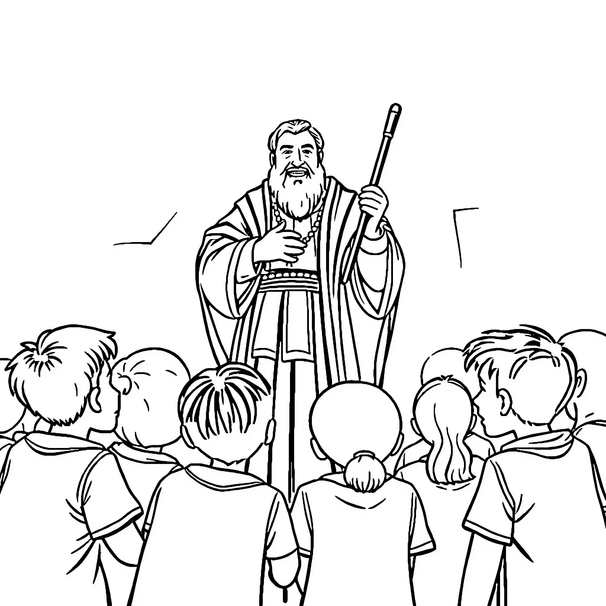 San Juan Bautista de la Salle teaching and guiding students Coloring Page (free black-and-white line drawing printable PDF for all, from beginners to advanced learners, including children, teens, adults, and seniors)
