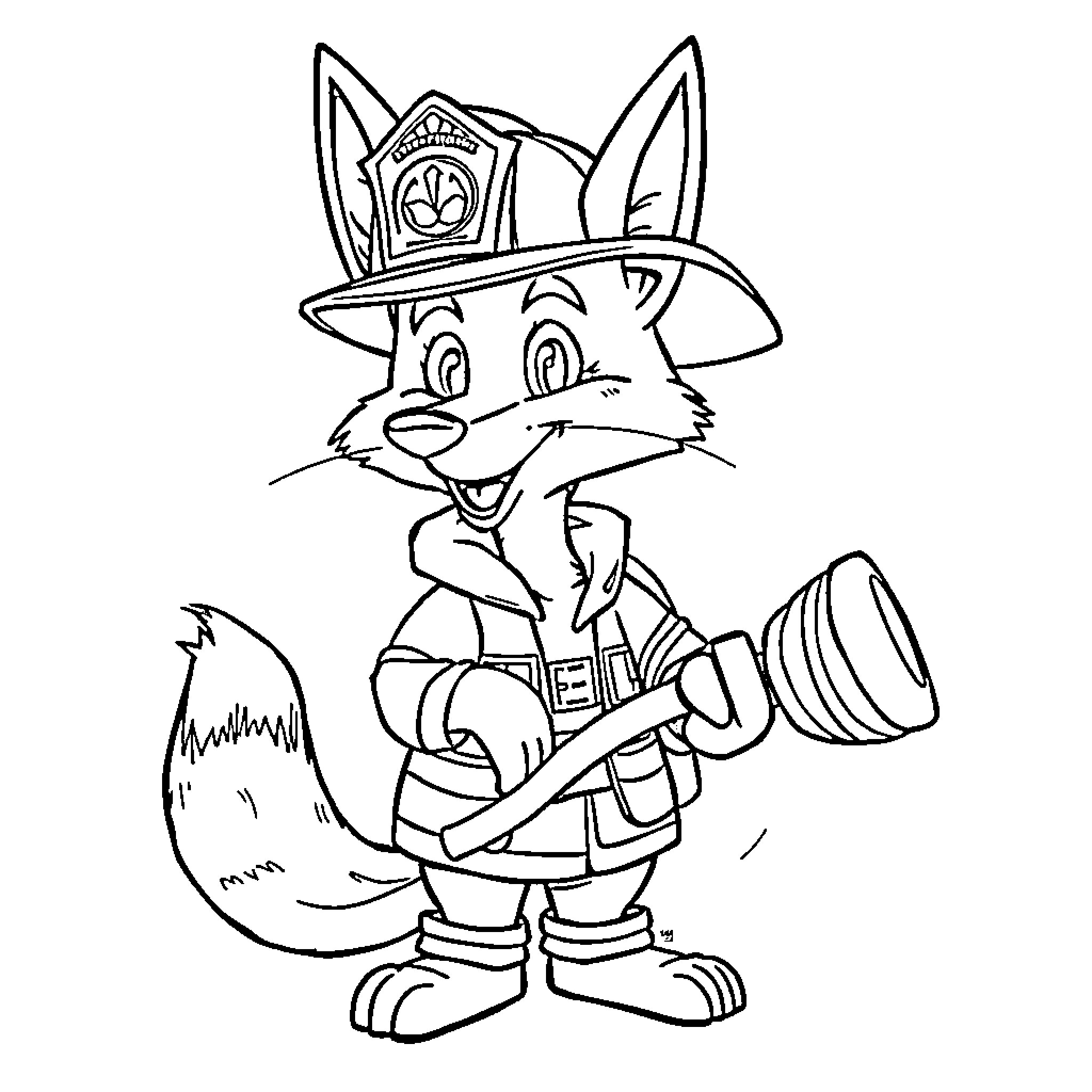 Coyote firefighter in uniform with hose Coloring Page (free black-and-white line drawing printable PDF for all, from beginners to advanced learners, including children, teens, adults, and seniors)