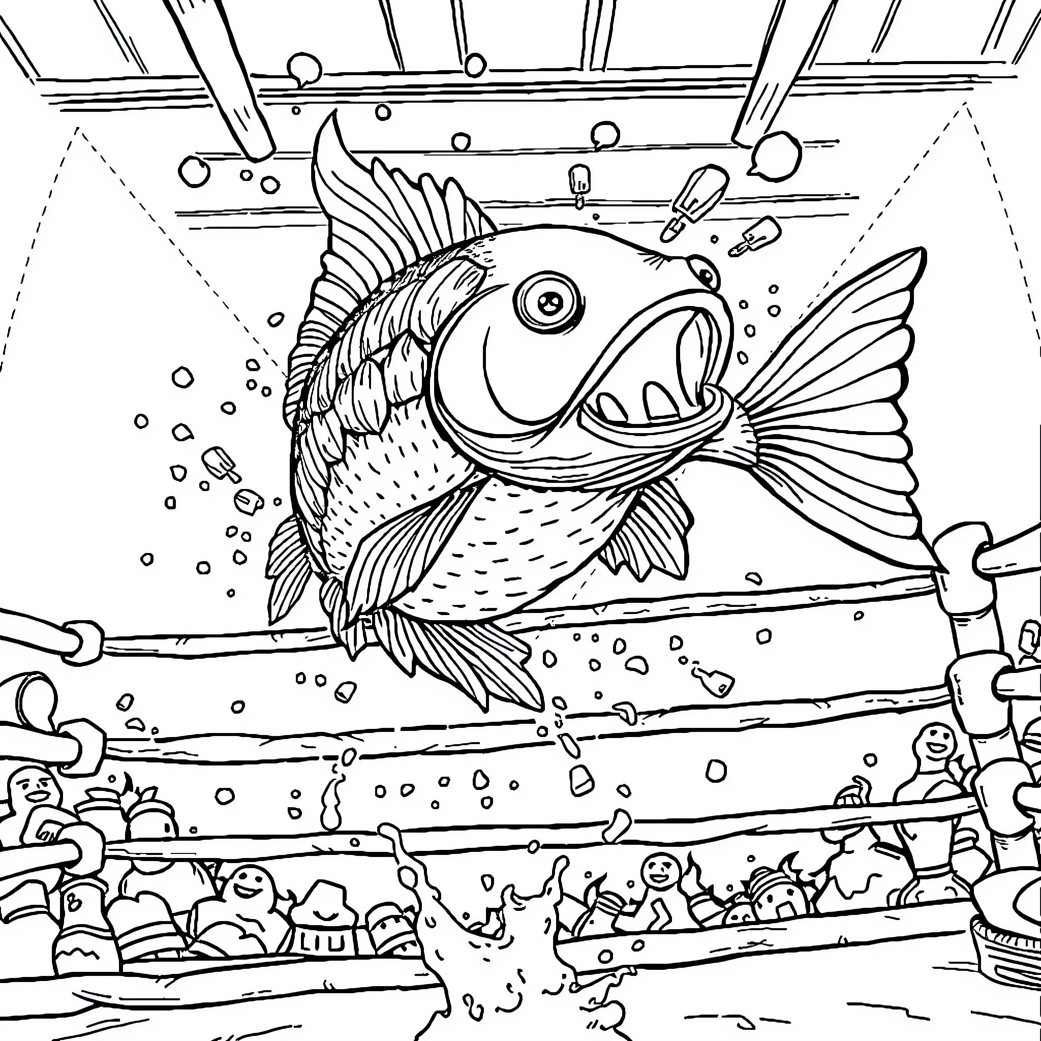 Fish swimming playfully underwater with school of tiny fish Coloring Page (free black-and-white line drawing printable PDF for all, from beginners to advanced learners, including children, teens, adults, and seniors)