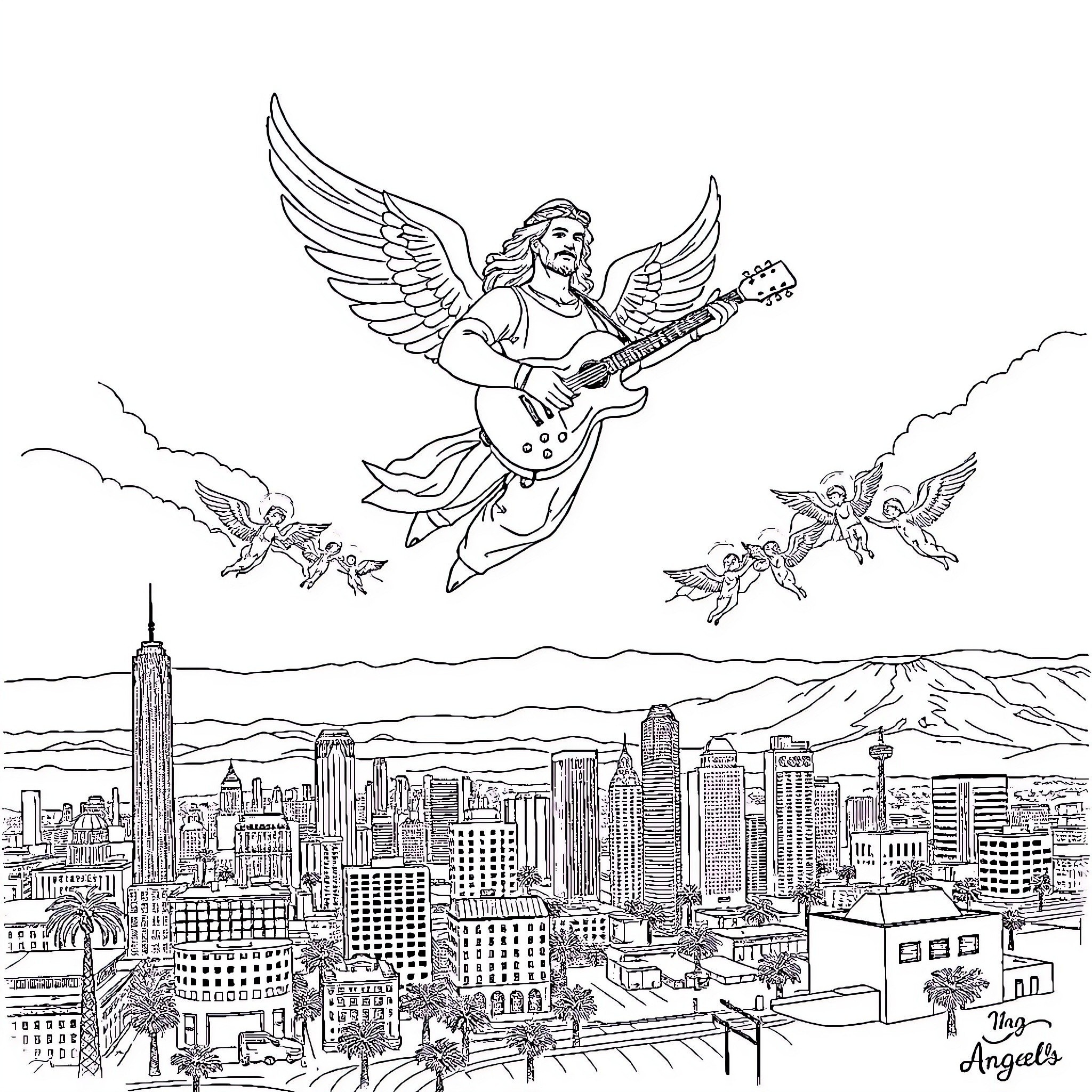 God Soars with Guitar Above Cityscape Coloring Page (free black-and-white line drawing printable PDF for all, from beginners to advanced learners, including children, teens, adults, and seniors)