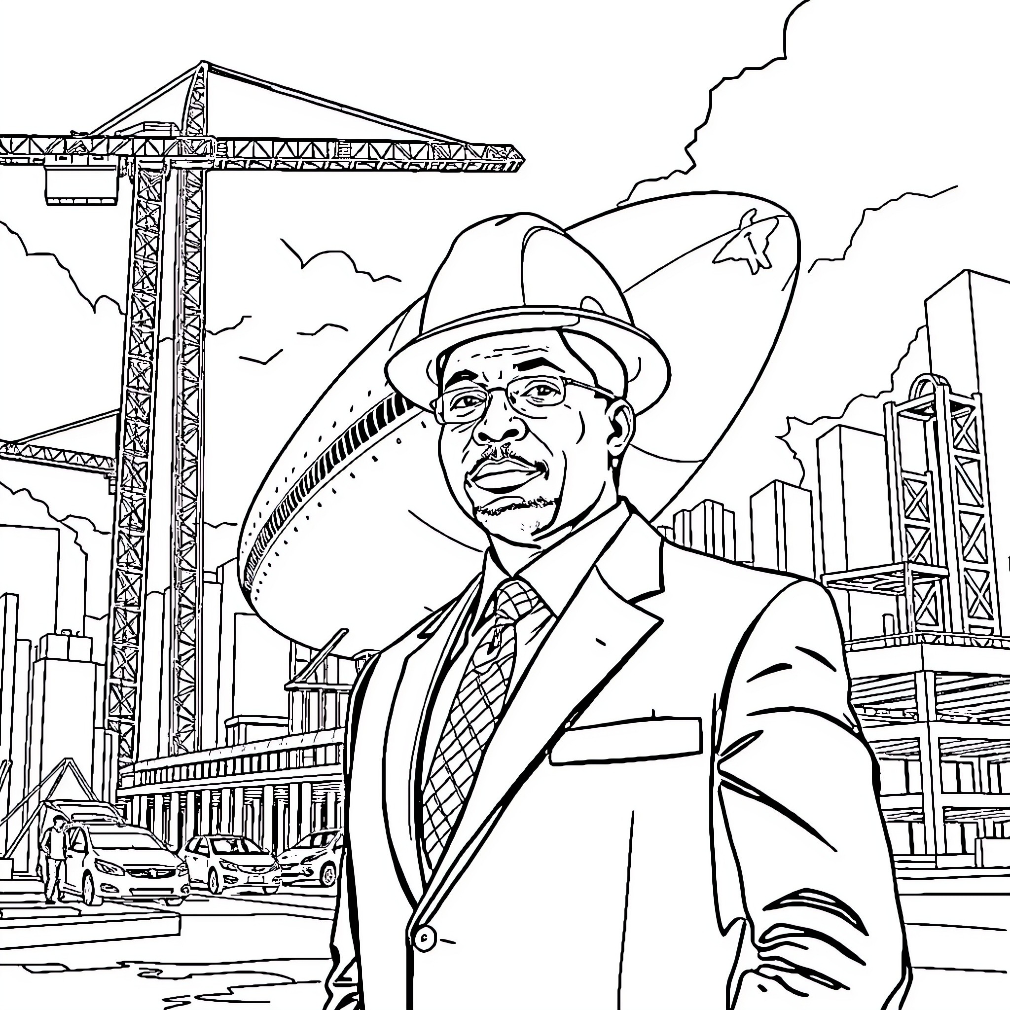 Brandon Johnson overseeing construction at the work site Coloring Page (free black-and-white line drawing printable PDF for all, from beginners to advanced learners, including children, teens, adults, and seniors)