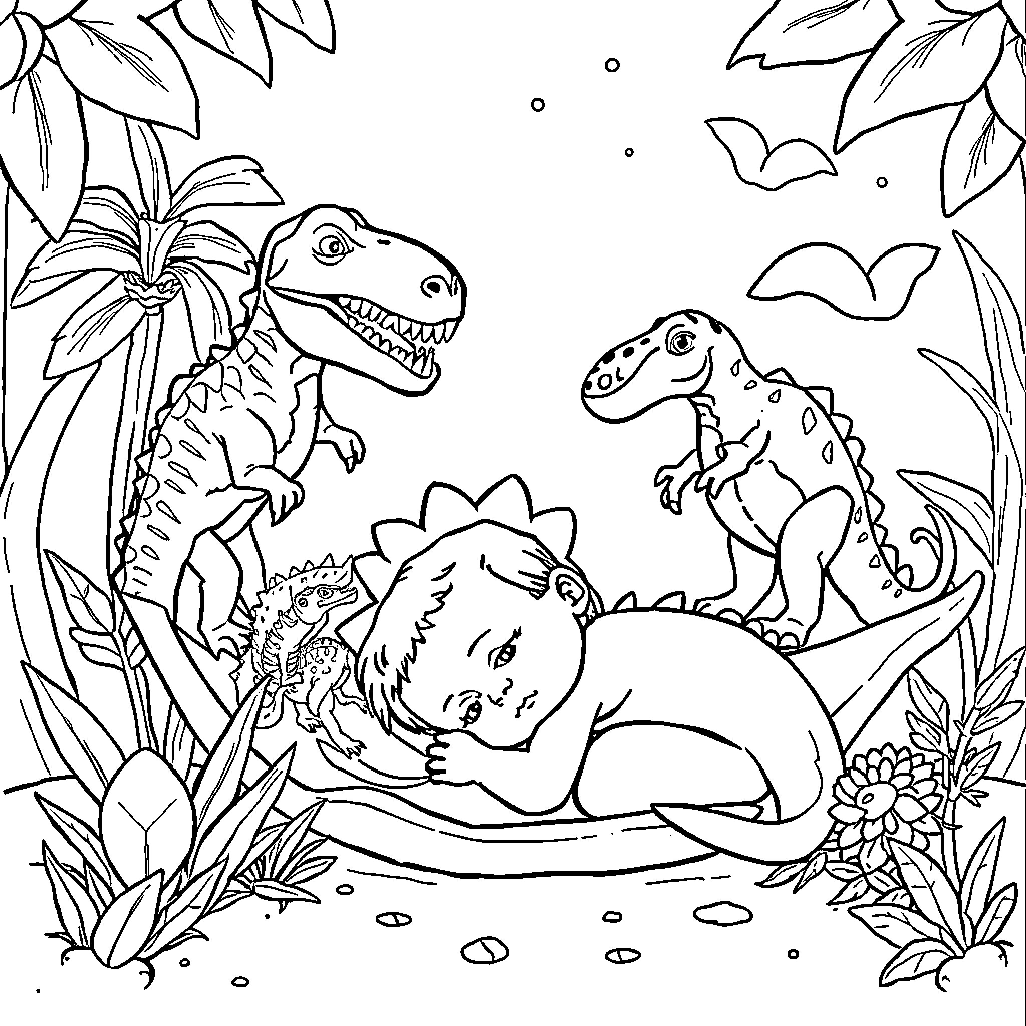 Dinosaur friends exploring the jungle Coloring Page (free black-and-white line drawing printable PDF for all, from beginners to advanced learners, including children, teens, adults, and seniors)