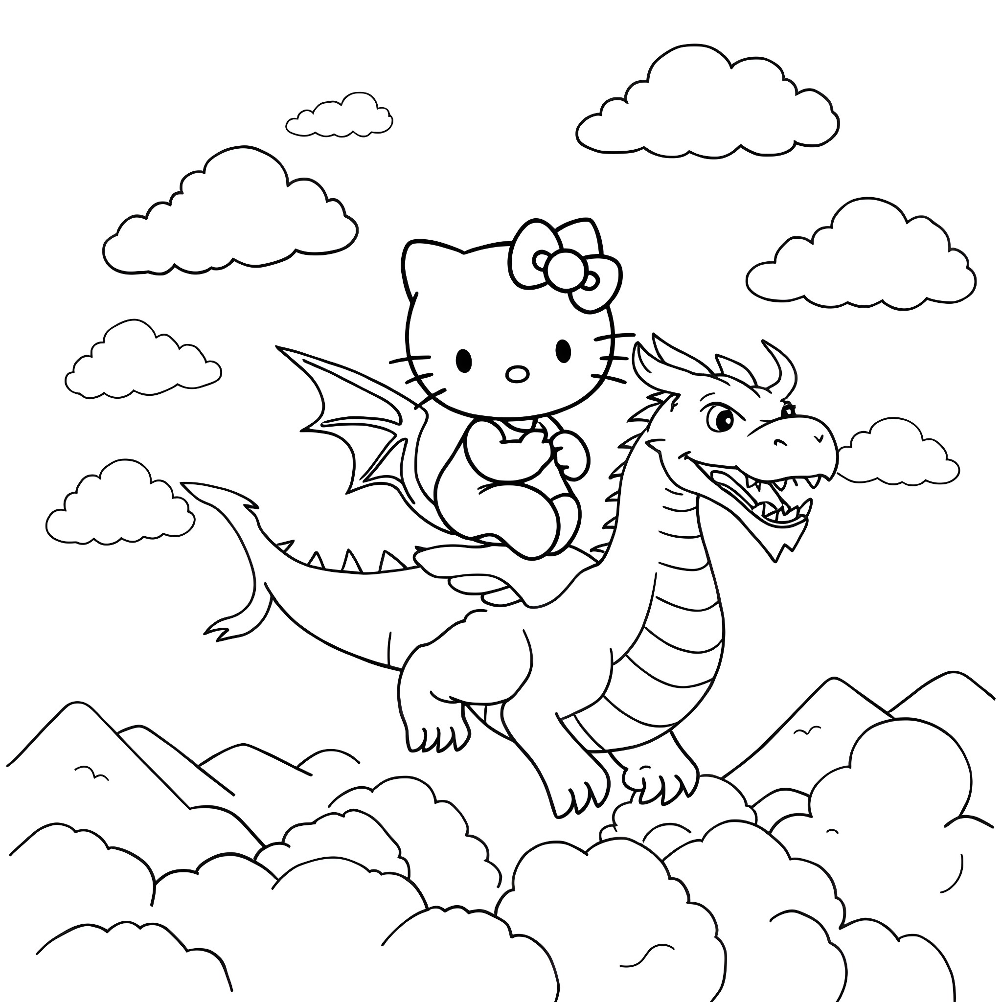 Hello Kitty riding a friendly dragon in the sky Coloring Page (free black-and-white line drawing printable PDF for all, from beginners to advanced learners, including children, teens, adults, and seniors)