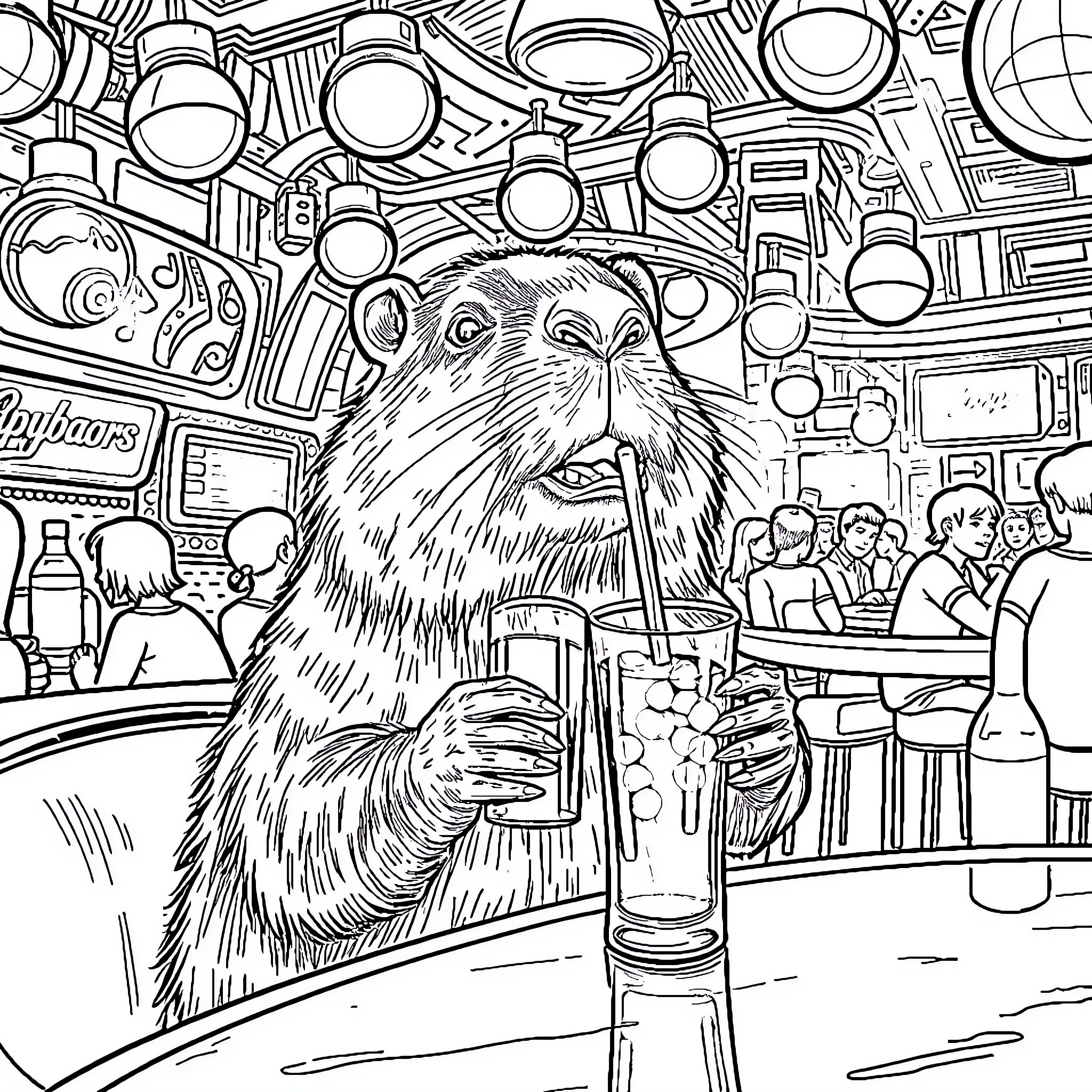 Capybara enjoying a beverage at the bar Coloring Page (free black-and-white line drawing printable PDF for all, from beginners to advanced learners, including children, teens, adults, and seniors)