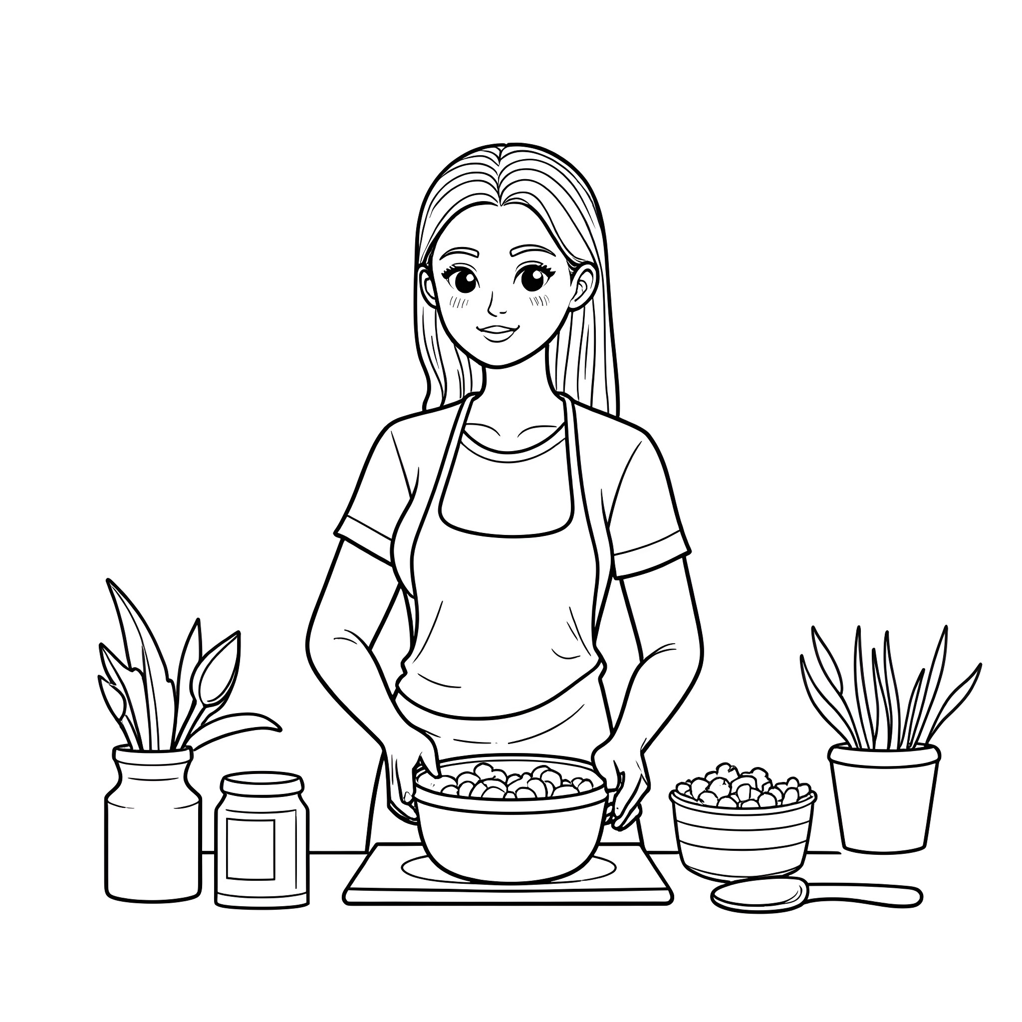 Wife preparing healthy meal in the kitchen Coloring Page (free black-and-white line drawing printable PDF for all, from beginners to advanced learners, including children, teens, adults, and seniors)