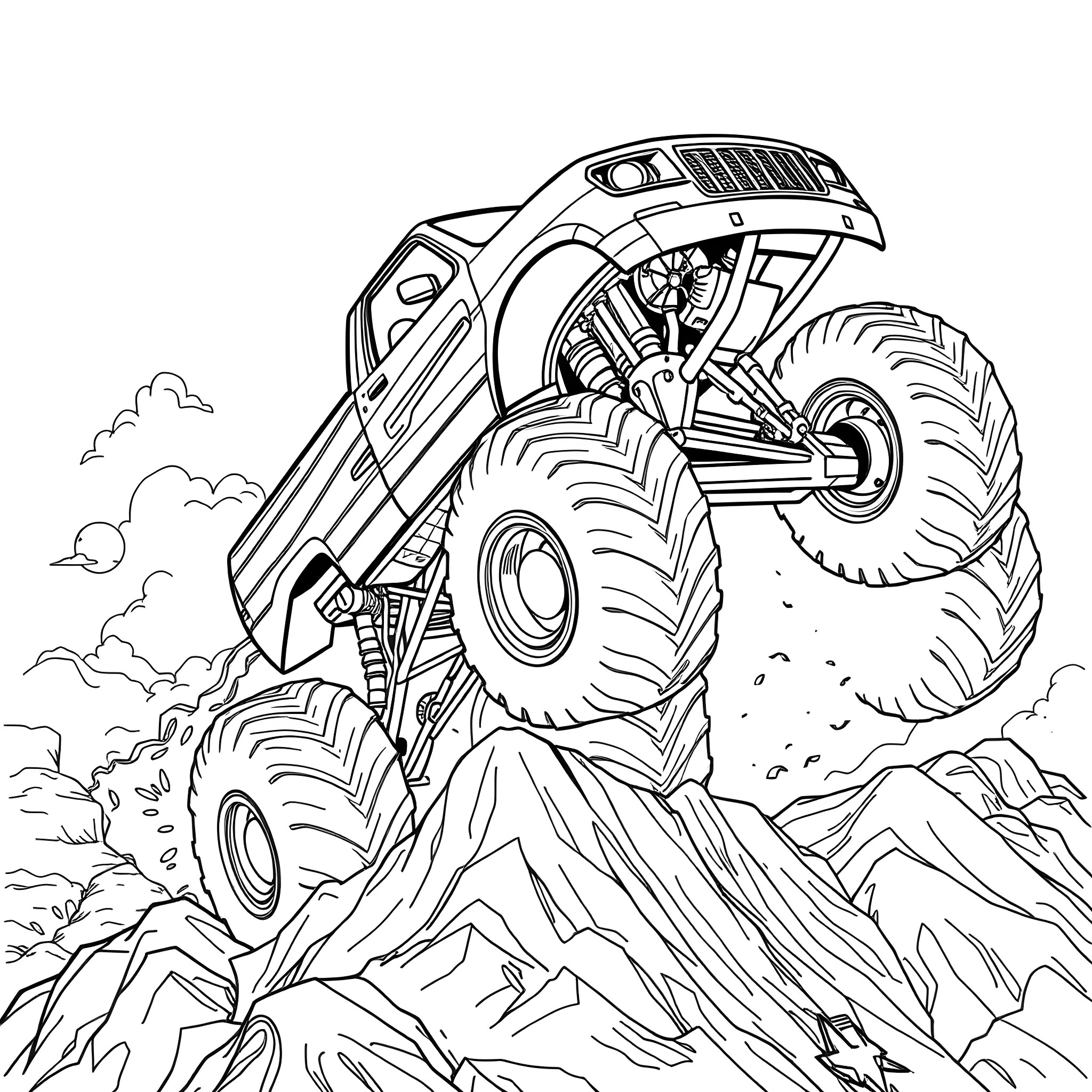Monster Truck Scaling Rocky Mountain Terrain Coloring Page (free black-and-white line drawing printable PDF for all, from beginners to advanced learners, including children, teens, adults, and seniors)