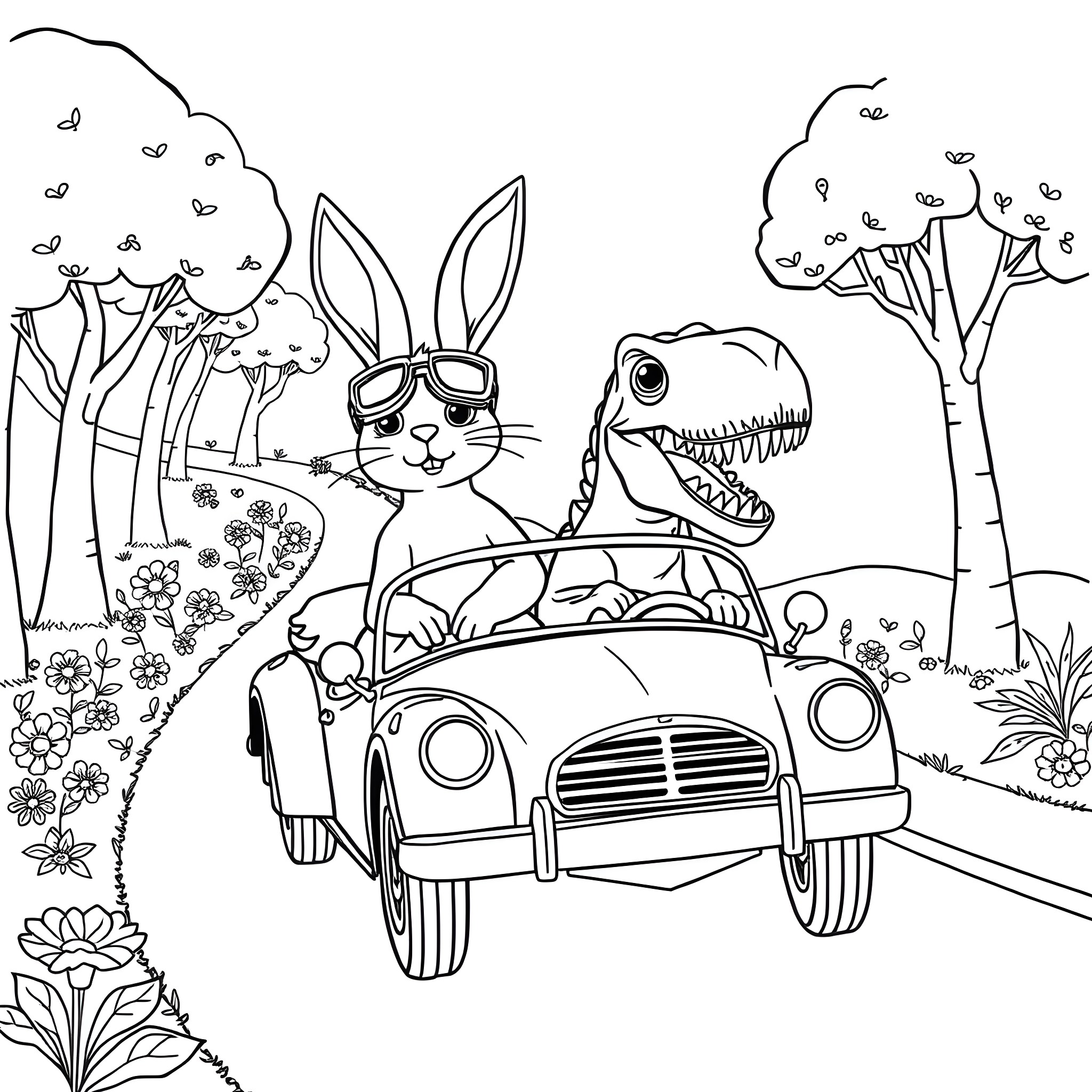 Rabbits driving a car with a dinosaur companion Coloring Page (free black-and-white line drawing printable PDF for all, from beginners to advanced learners, including children, teens, adults, and seniors)
