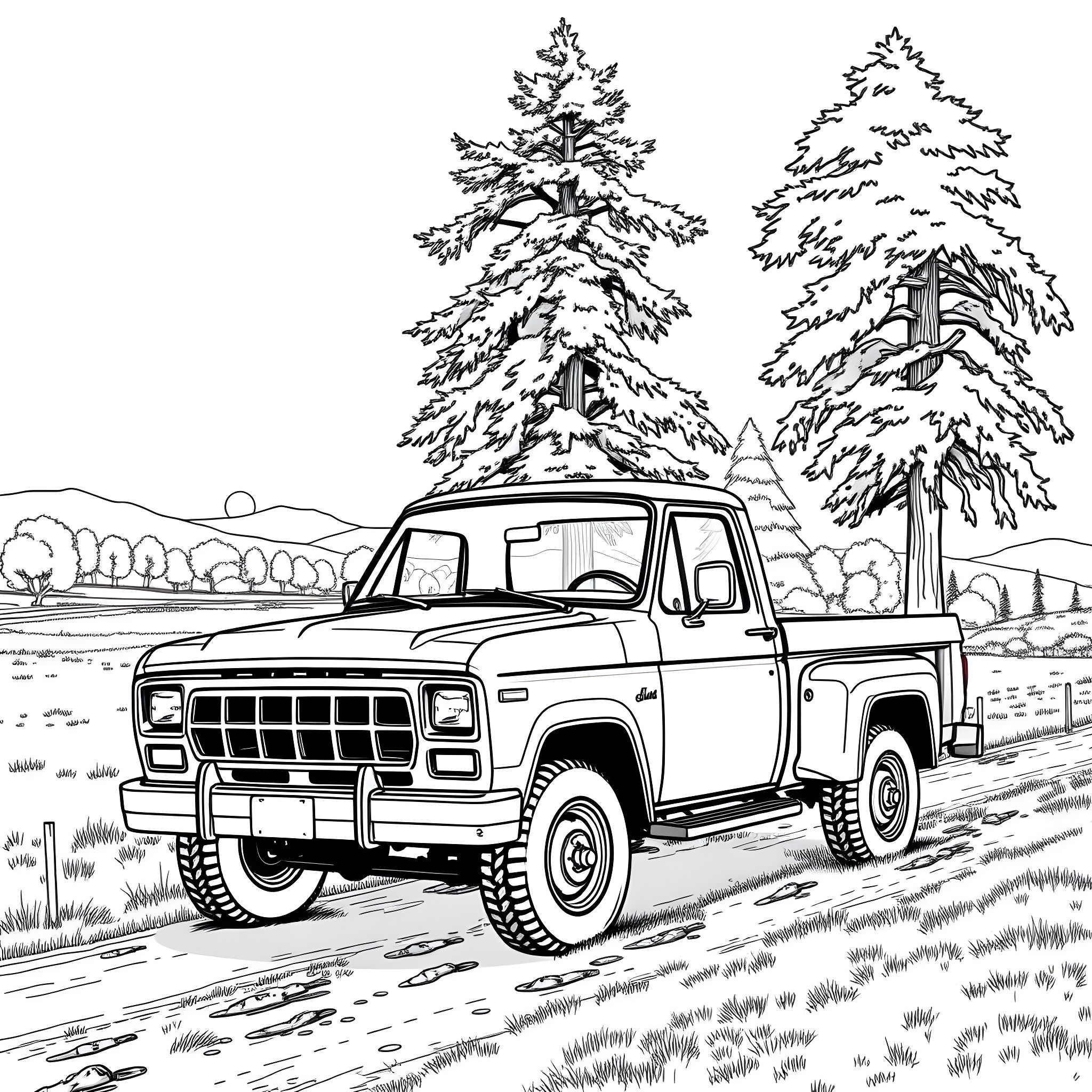 Stepside truck in snowy woodland scene Coloring Page (free black-and-white line drawing printable PDF for all, from beginners to advanced learners, including children, teens, adults, and seniors)