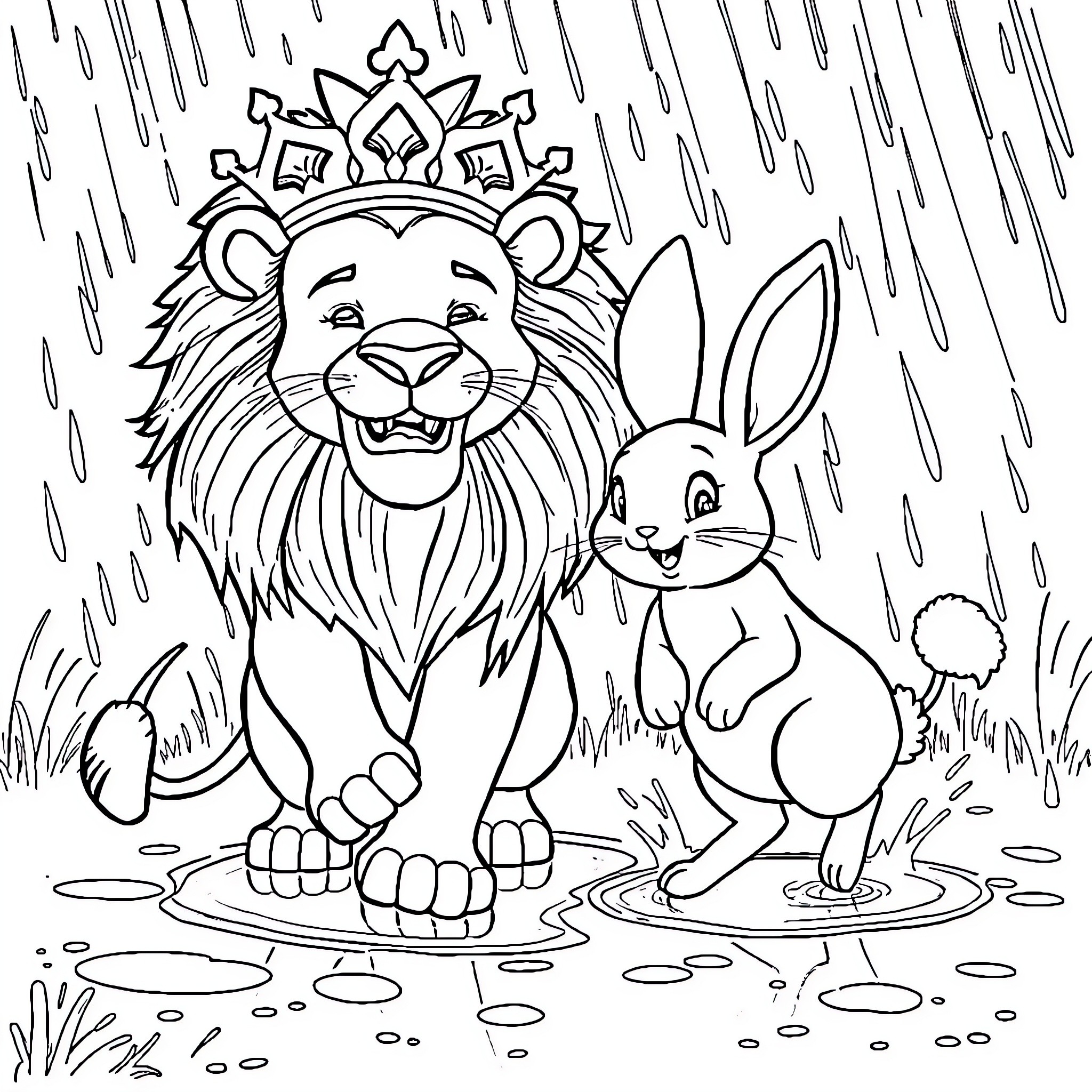 Lion and Rabbit in Rainy Forest Coloring Page (free black-and-white line drawing printable PDF for all, from beginners to advanced learners, including children, teens, adults, and seniors)