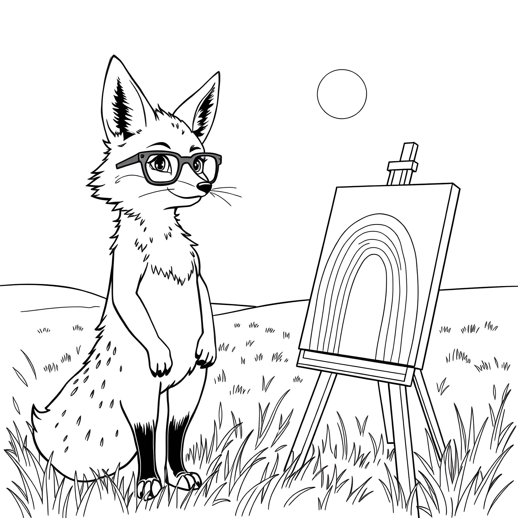 Fox artist painting a colorful rainbow canvas Coloring Page (free black-and-white line drawing printable PDF for all, from beginners to advanced learners, including children, teens, adults, and seniors)