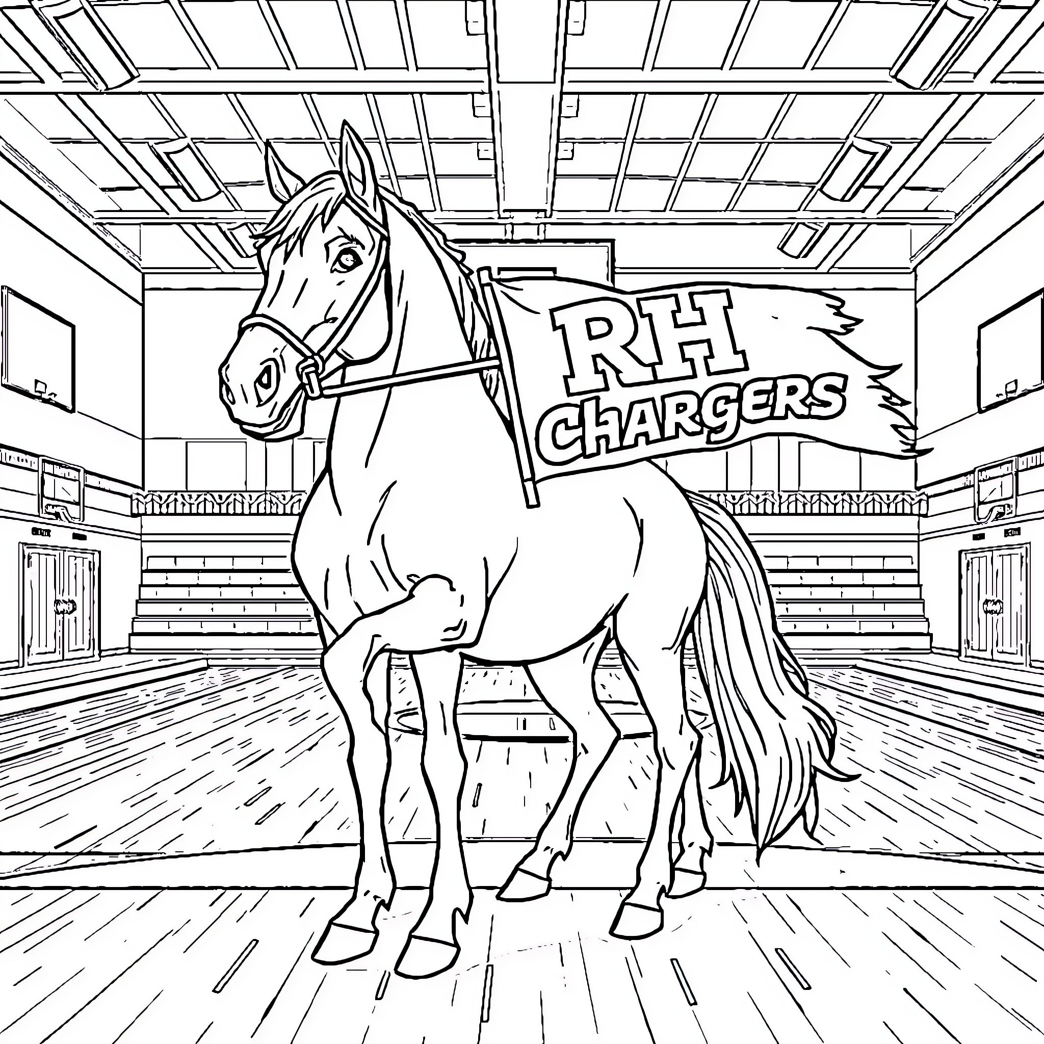 Horse standing proudly in school gymnasium Coloring Page (free black-and-white line drawing printable PDF for all, from beginners to advanced learners, including children, teens, adults, and seniors)