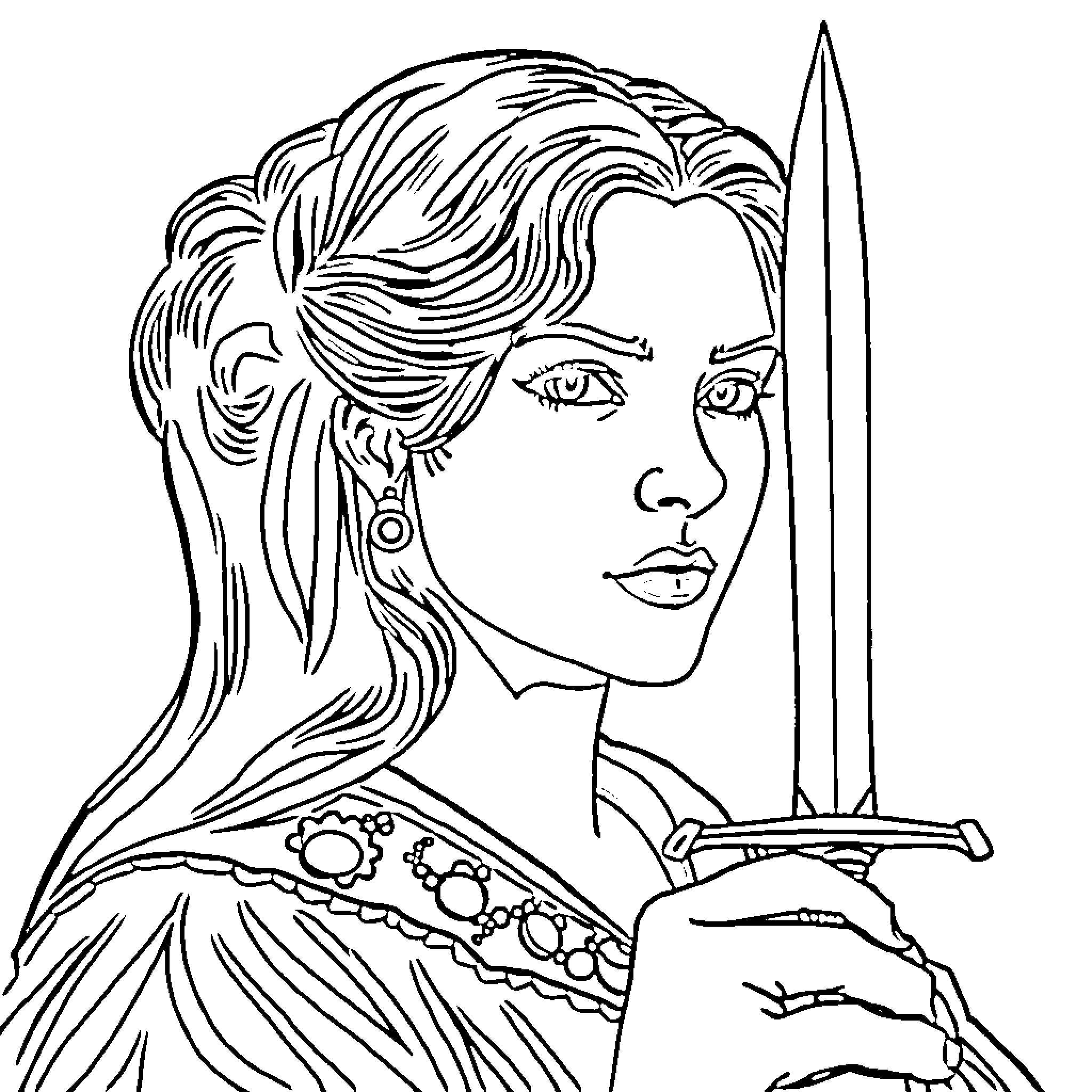 Dagger-wielding female warrior in detailed attire Coloring Page (free black-and-white line drawing printable PDF for all, from beginners to advanced learners, including children, teens, adults, and seniors)