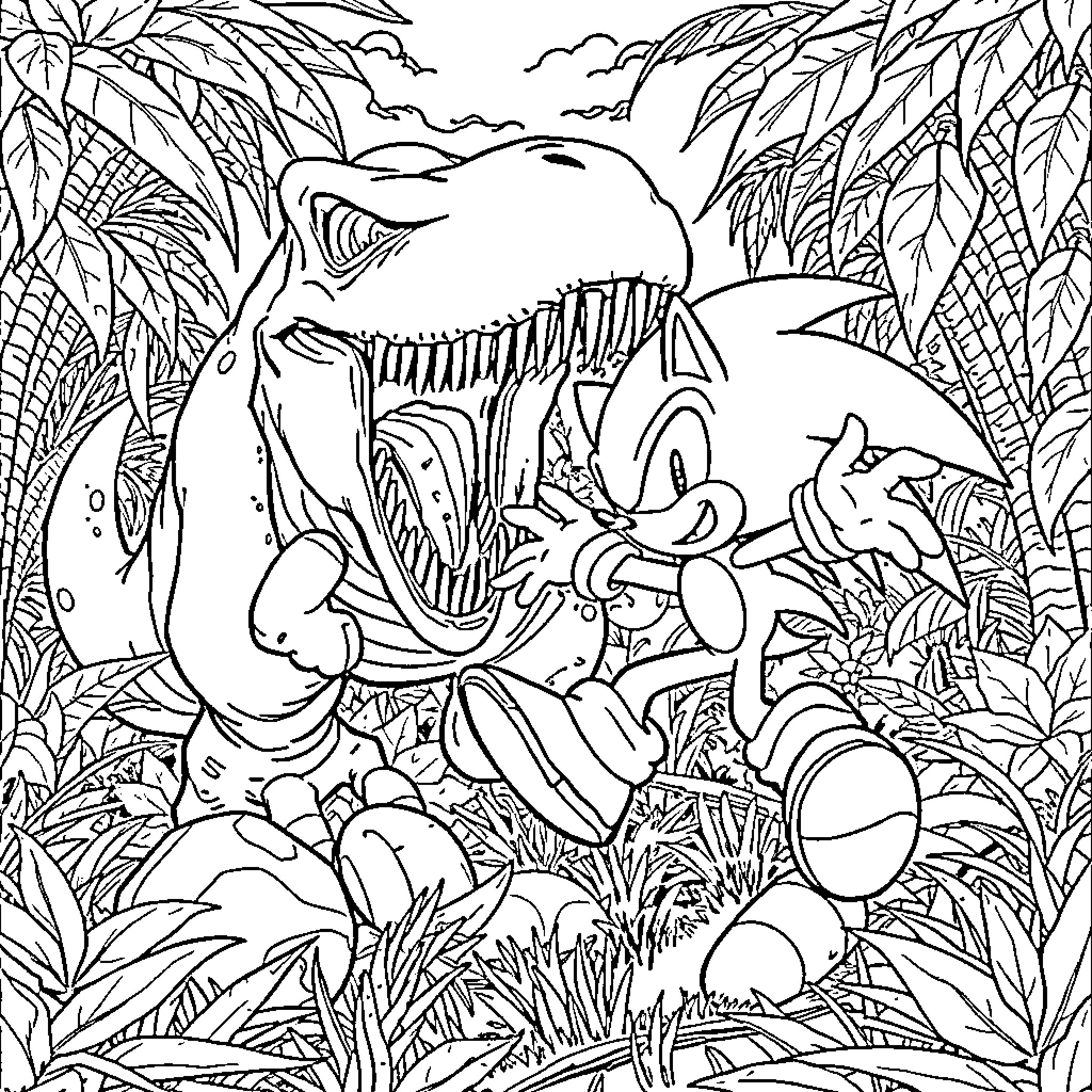 Sonic in a Jurassic Adventure Coloring Page (free black-and-white line drawing printable PDF for all, from beginners to advanced learners, including children, teens, adults, and seniors)