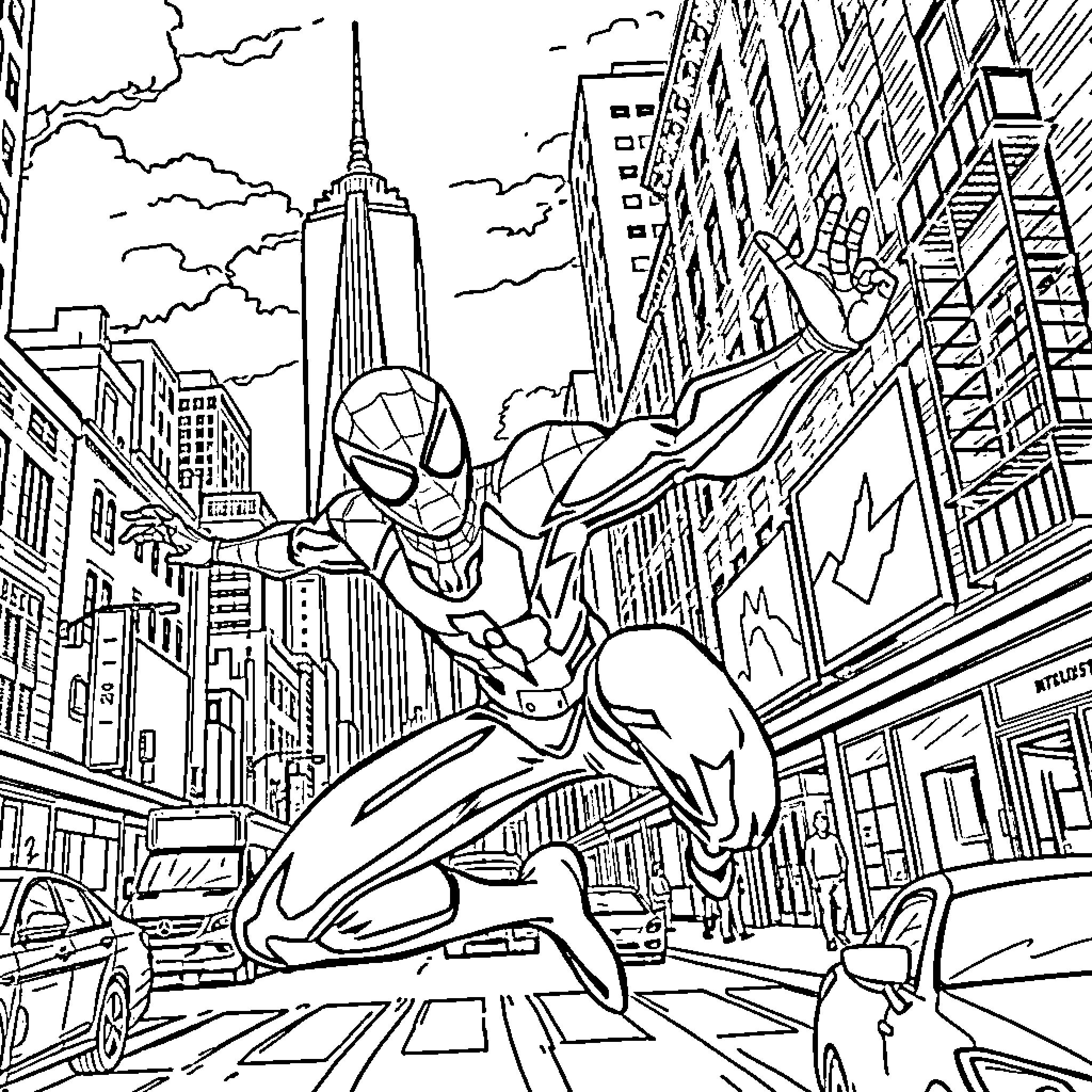 Miles Morales Swinging Through New York City Coloring Page (free black-and-white line drawing printable PDF for all, from beginners to advanced learners, including children, teens, adults, and seniors)