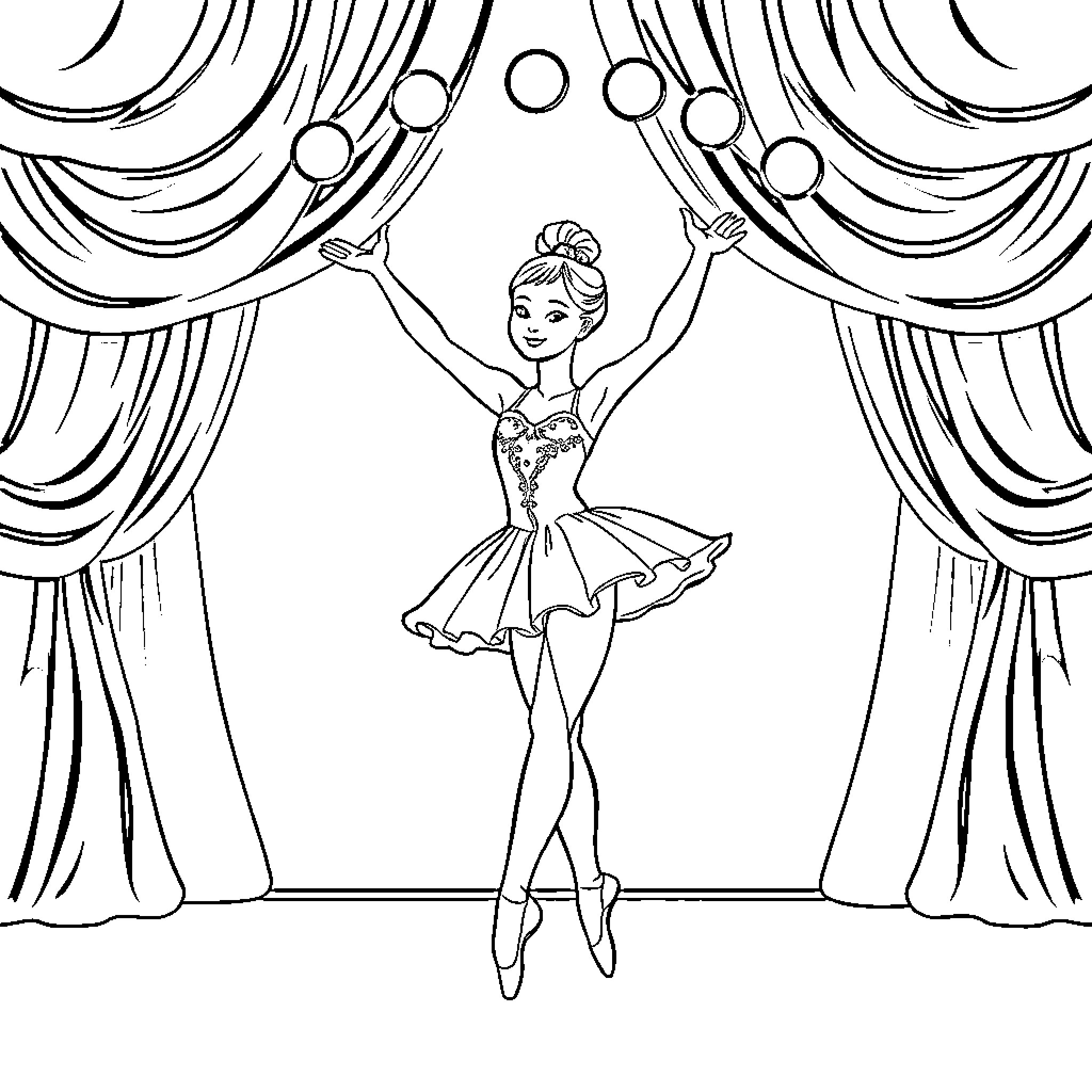 Ballerina performing gracefully on stage Coloring Page (free black-and-white line drawing printable PDF for all, from beginners to advanced learners, including children, teens, adults, and seniors)