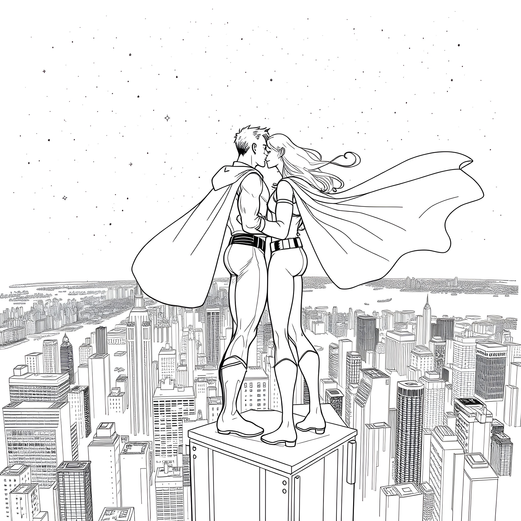 Superhero couple embracing on top of the city Coloring Page (free black-and-white line drawing printable PDF for all, from beginners to advanced learners, including children, teens, adults, and seniors)