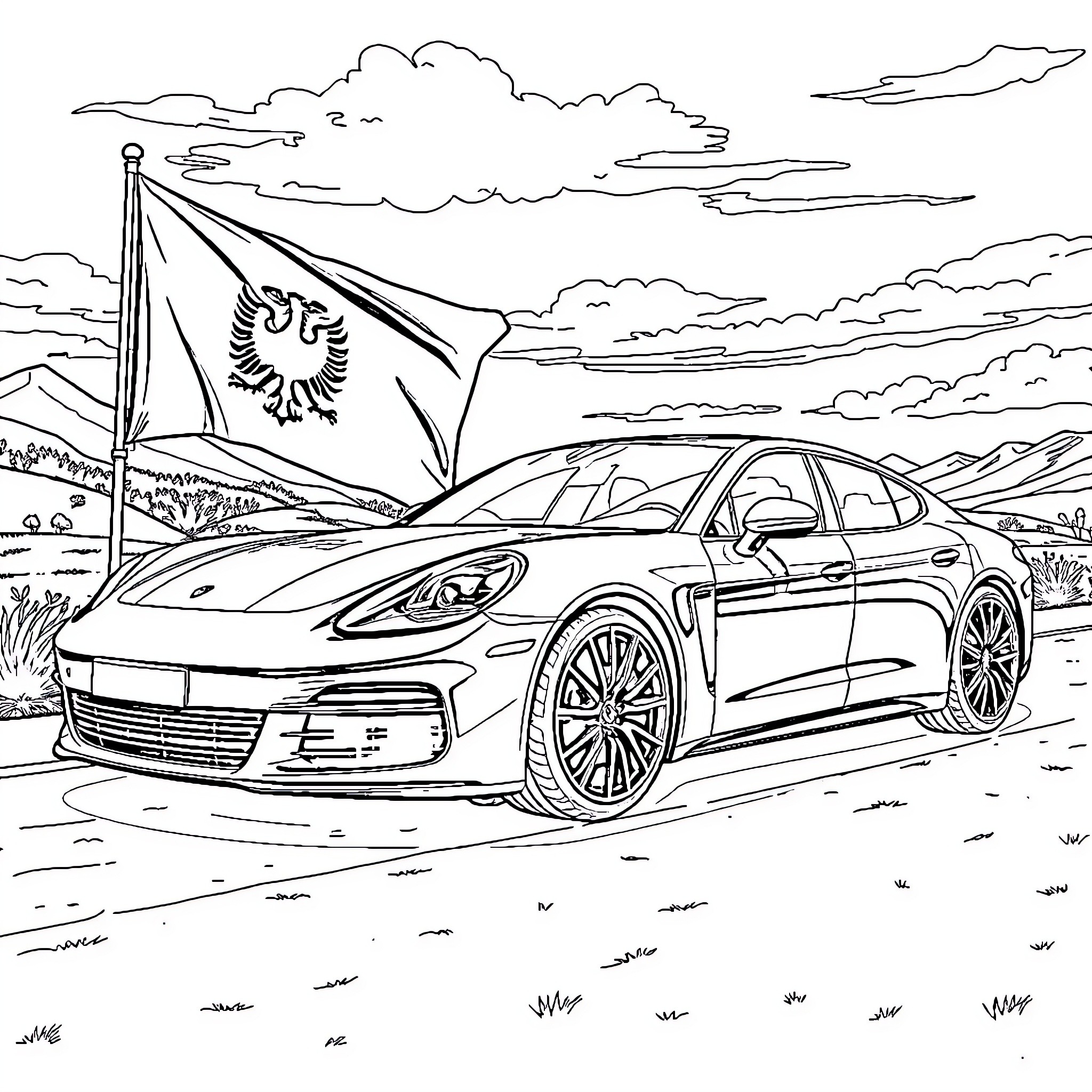 Porsche sports car driving amidst scenic landscape Coloring Page (free black-and-white line drawing printable PDF for all, from beginners to advanced learners, including children, teens, adults, and seniors)