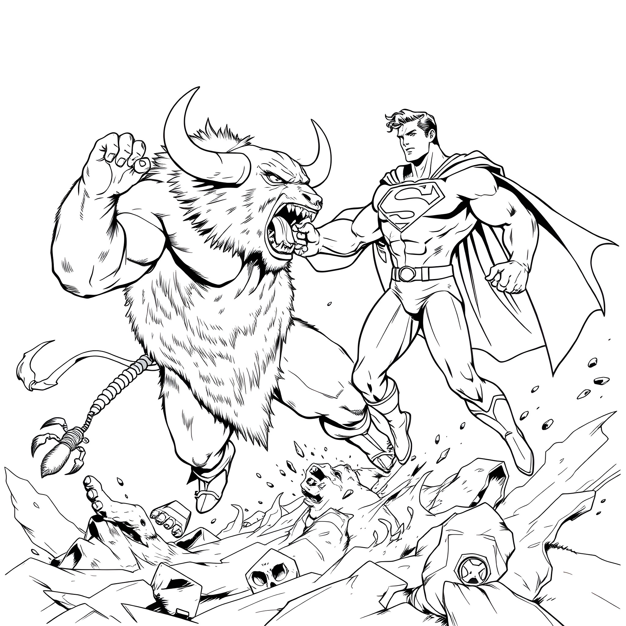 Minotaur facing off against a heroic figure in combat Coloring Page (free black-and-white line drawing printable PDF for all, from beginners to advanced learners, including children, teens, adults, and seniors)