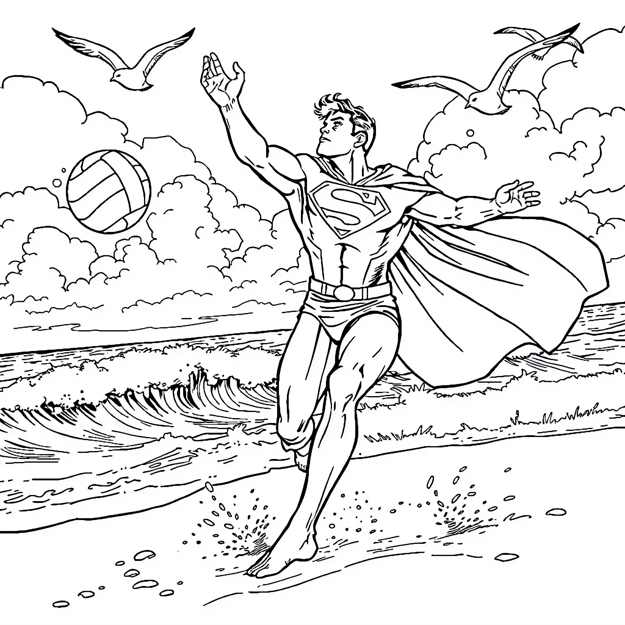 Superman soaring over the ocean with birds Coloring Page (free black-and-white line drawing printable PDF for all, from beginners to advanced learners, including children, teens, adults, and seniors)