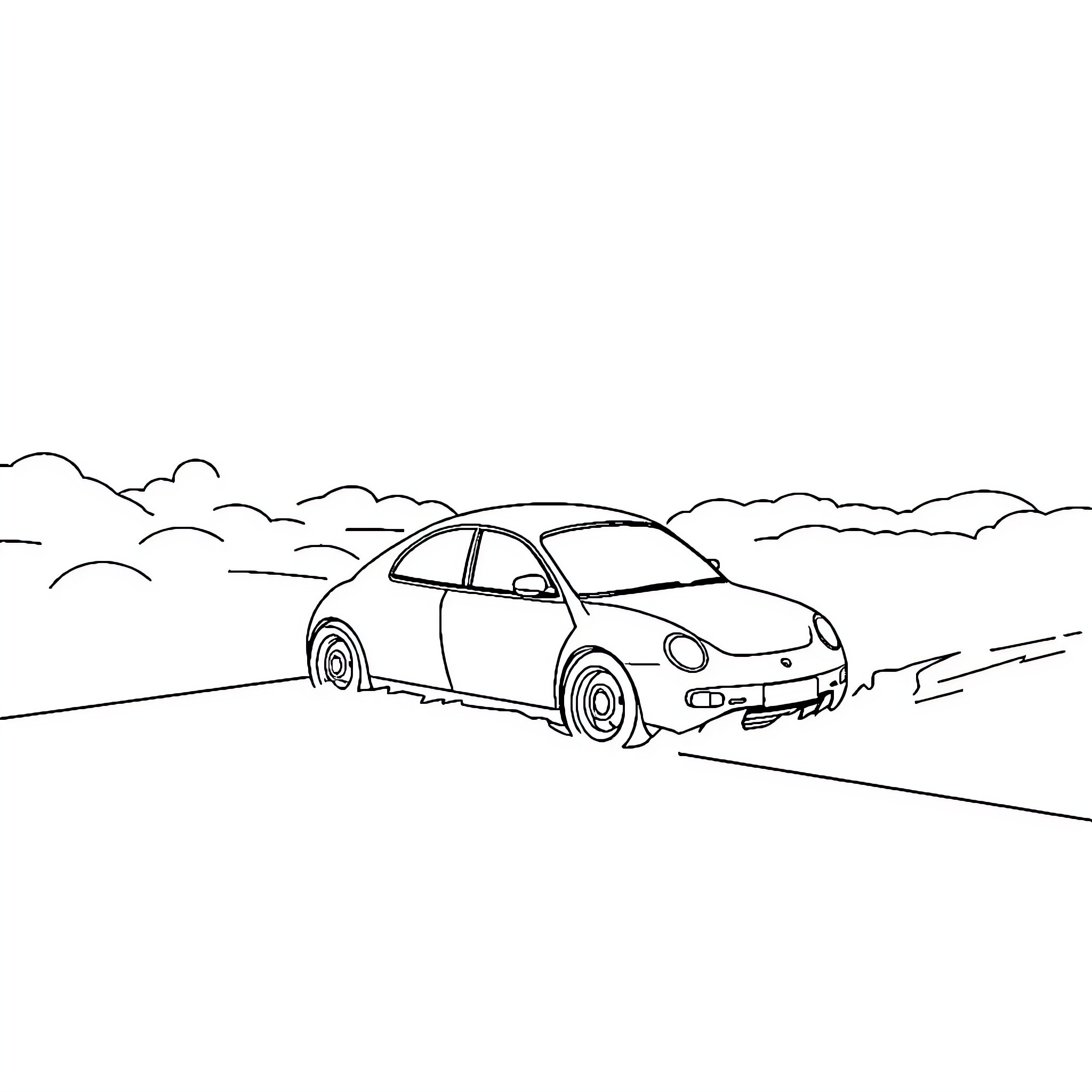 Car driving on a scenic road Coloring Page (free black-and-white line drawing printable PDF for all, from beginners to advanced learners, including children, teens, adults, and seniors)