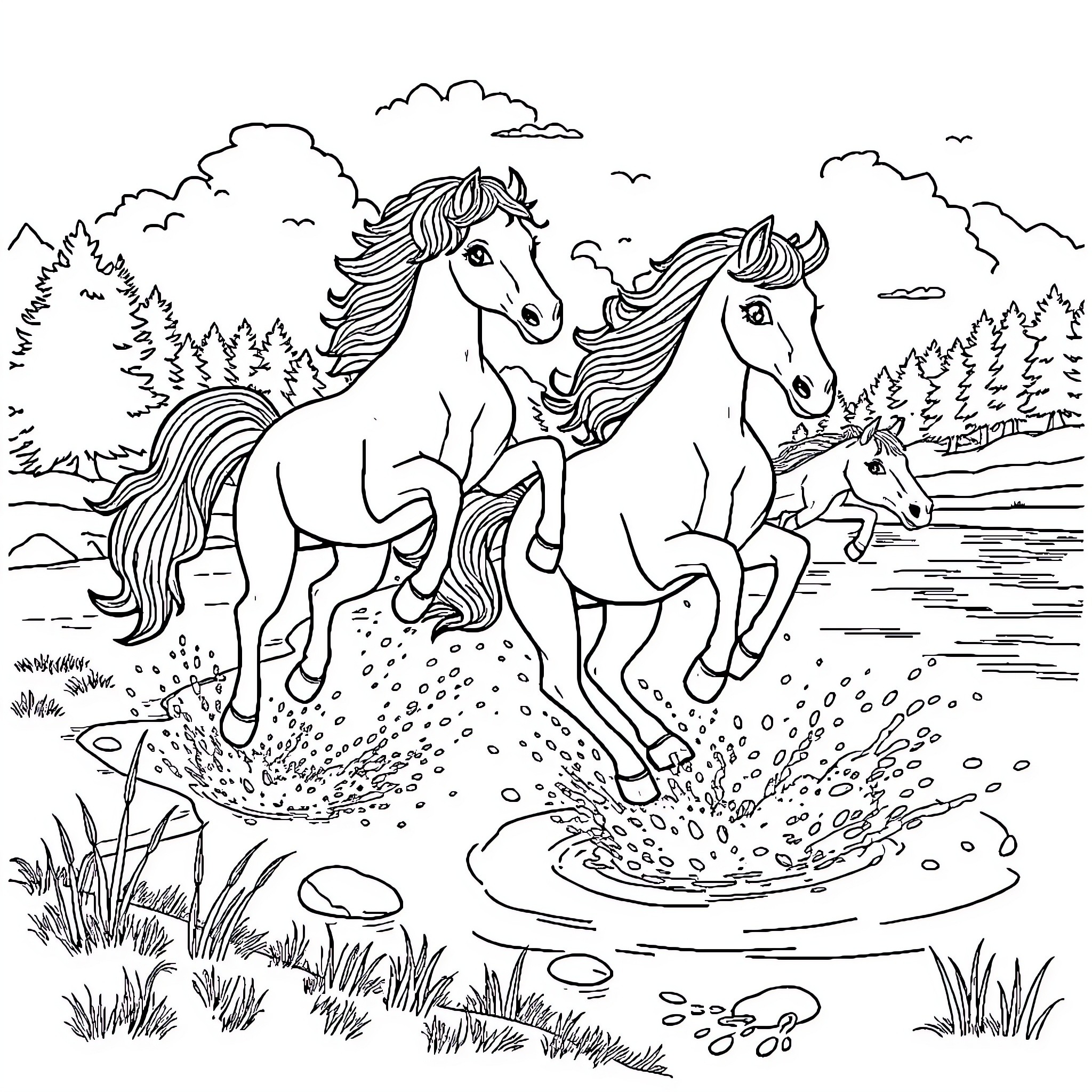 Pony horses galloping freely in the countryside Coloring Page (free black-and-white line drawing printable PDF for all, from beginners to advanced learners, including children, teens, adults, and seniors)