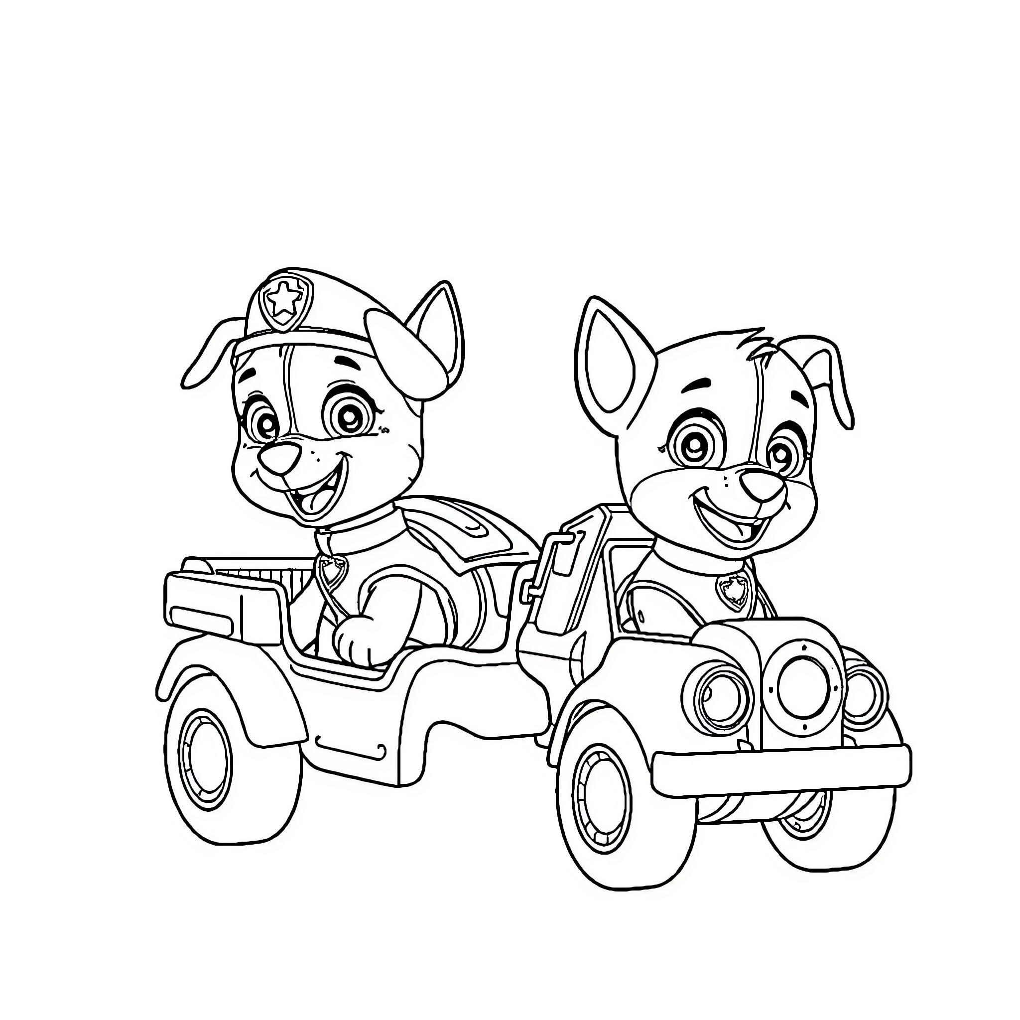 Paw Patrol Duo Riding in Jeep Vehicle Coloring Page (free black-and-white line drawing printable PDF for all, from beginners to advanced learners, including children, teens, adults, and seniors)