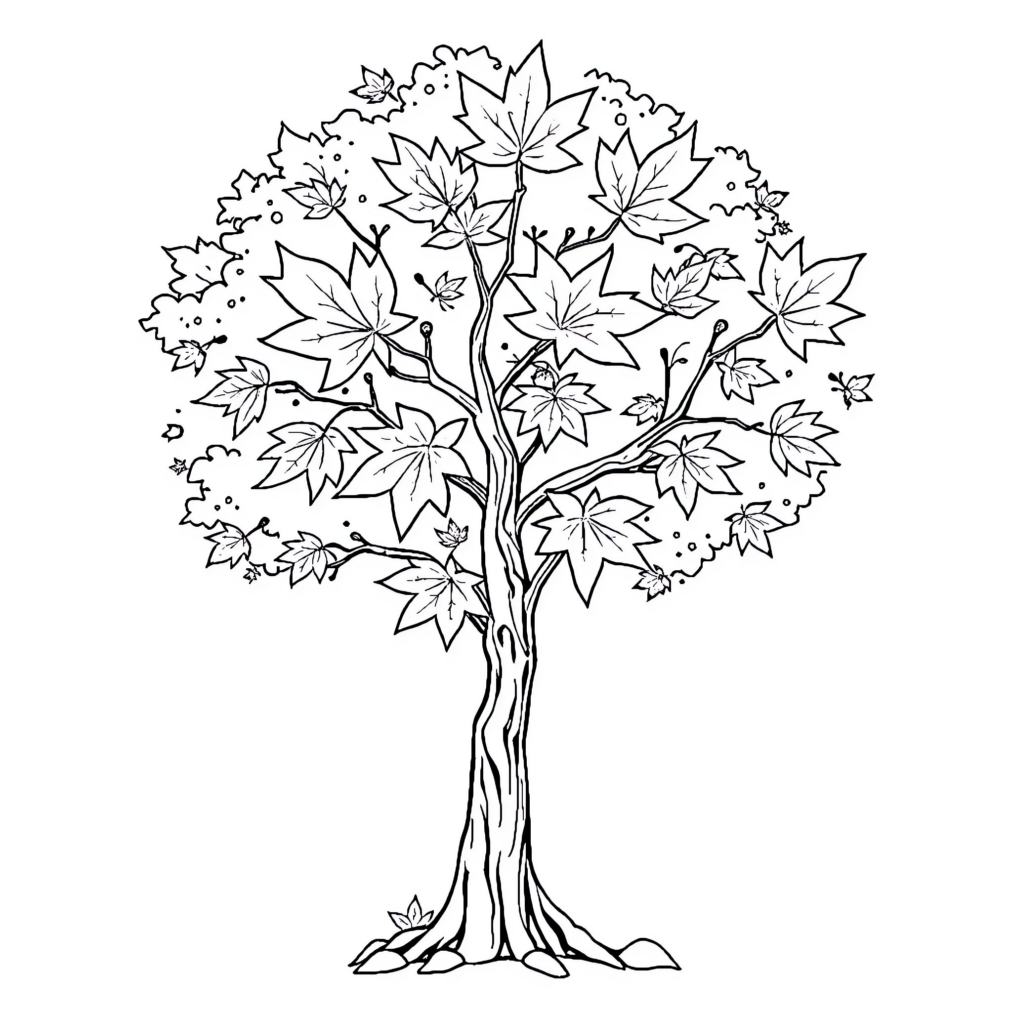 Maple tree with intricate leaf patterns Coloring Page (free black-and-white line drawing printable PDF for all, from beginners to advanced learners, including children, teens, adults, and seniors)
