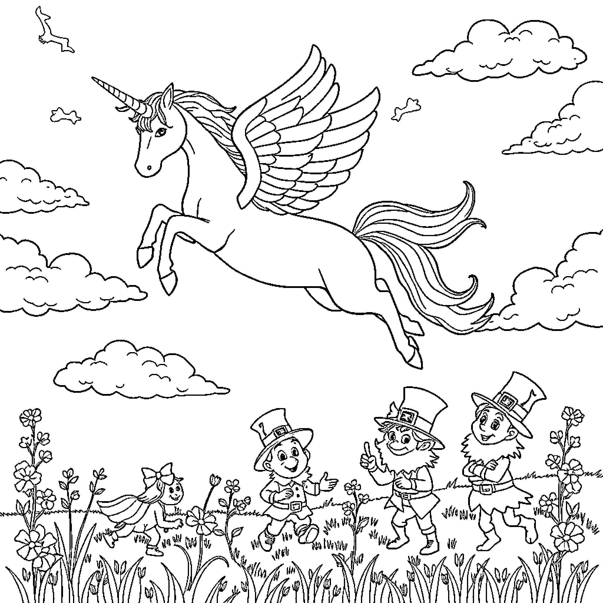 Unicorn soaring through clouds with leprechauns frolicking Coloring Page (free black-and-white line drawing printable PDF for all, from beginners to advanced learners, including children, teens, adults, and seniors)