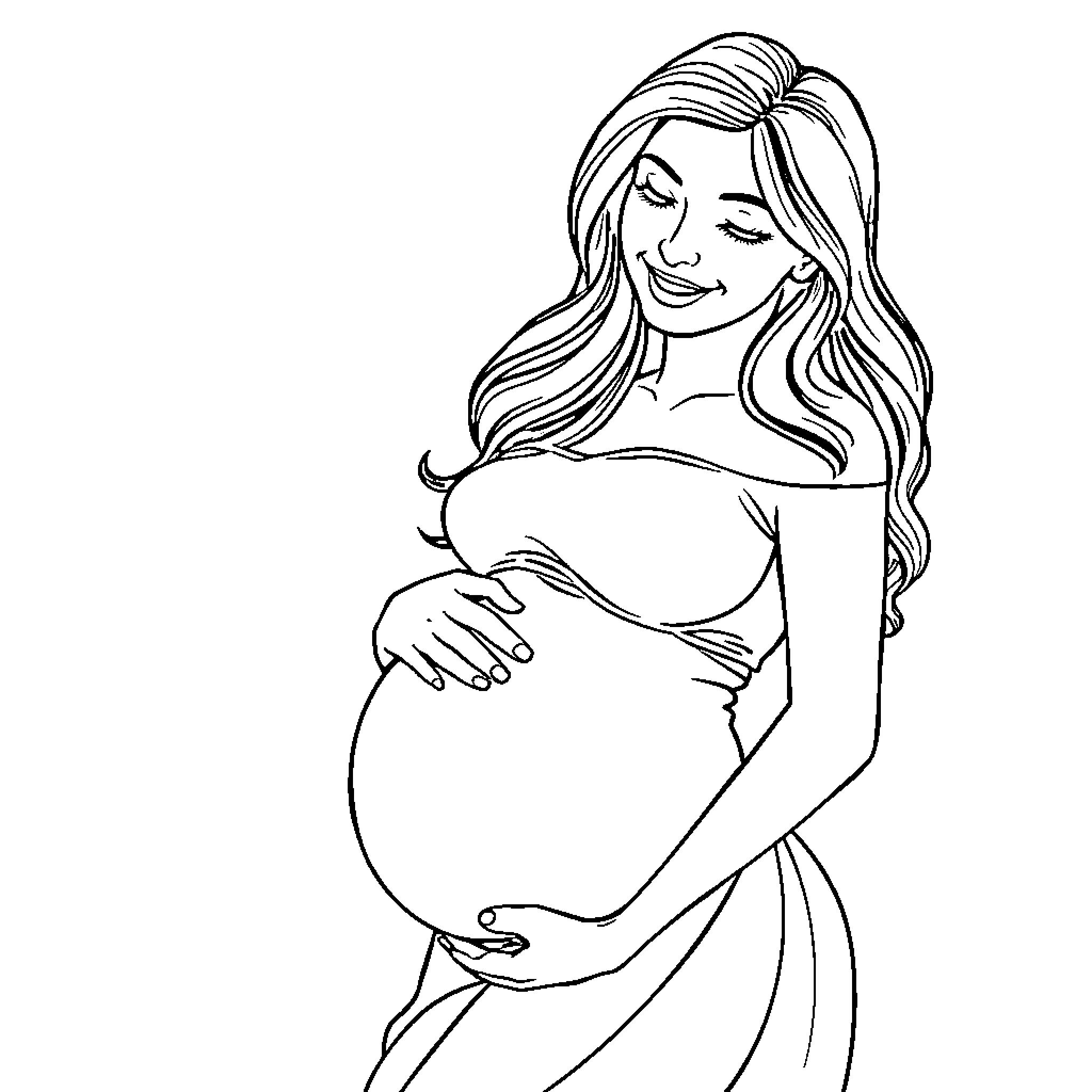 Marida's Serene Maternity Embrace Coloring Page (free black-and-white line drawing printable PDF for all, from beginners to advanced learners, including children, teens, adults, and seniors)