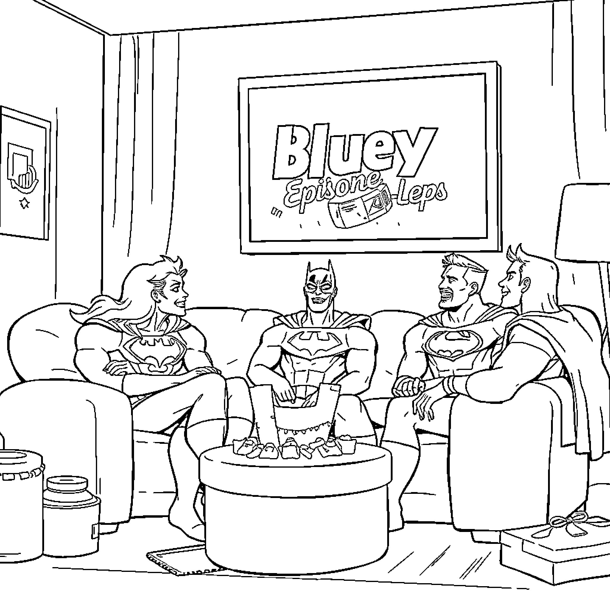 Justice League enjoying Bluey cartoon show Coloring Page (free black-and-white line drawing printable PDF for all, from beginners to advanced learners, including children, teens, adults, and seniors)