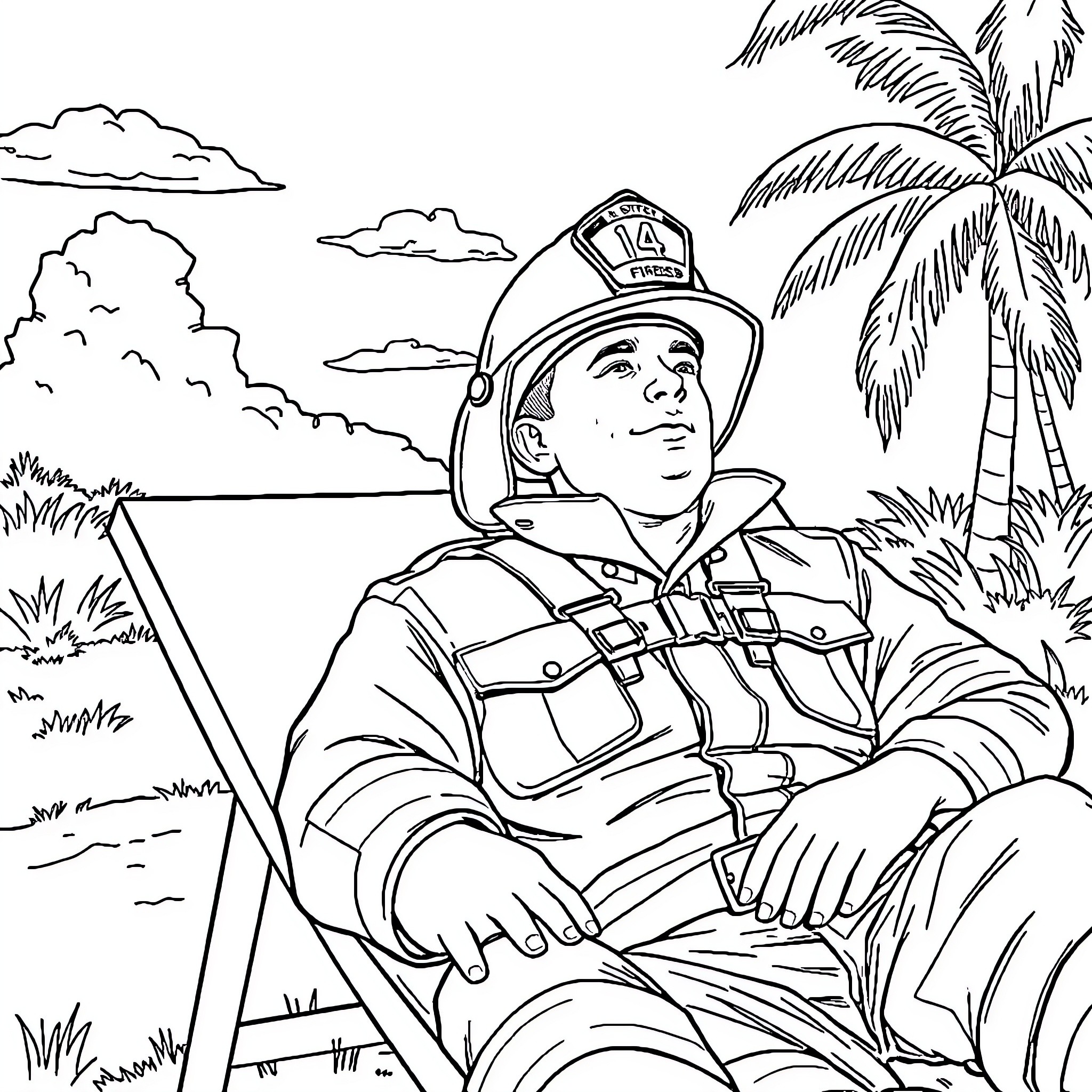 Firefighter resting on beach under palm trees Coloring Page (free black-and-white line drawing printable PDF for all, from beginners to advanced learners, including children, teens, adults, and seniors)