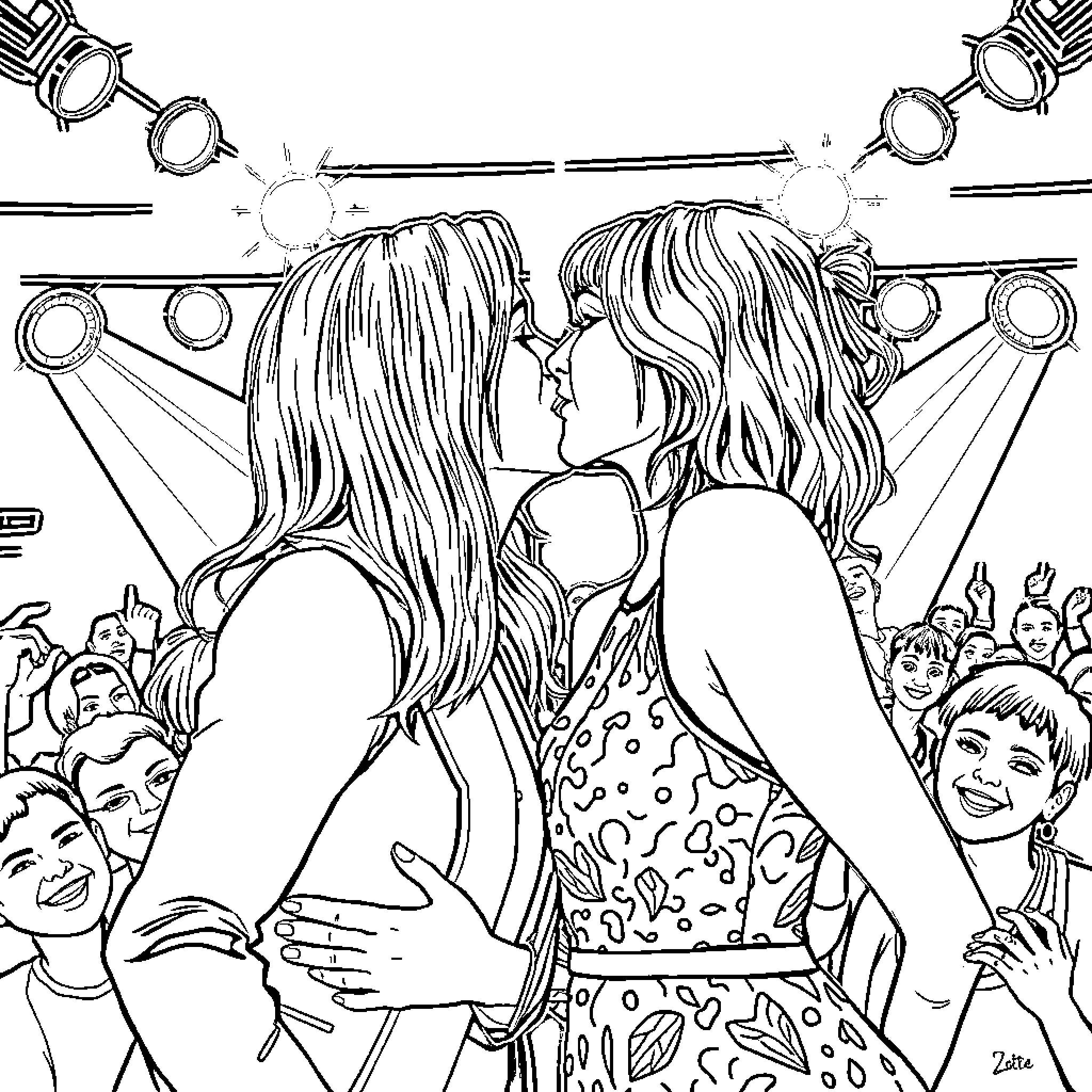 Jennifer Aniston at a celebrity event with a friend Coloring Page (free black-and-white line drawing printable PDF for all, from beginners to advanced learners, including children, teens, adults, and seniors)
