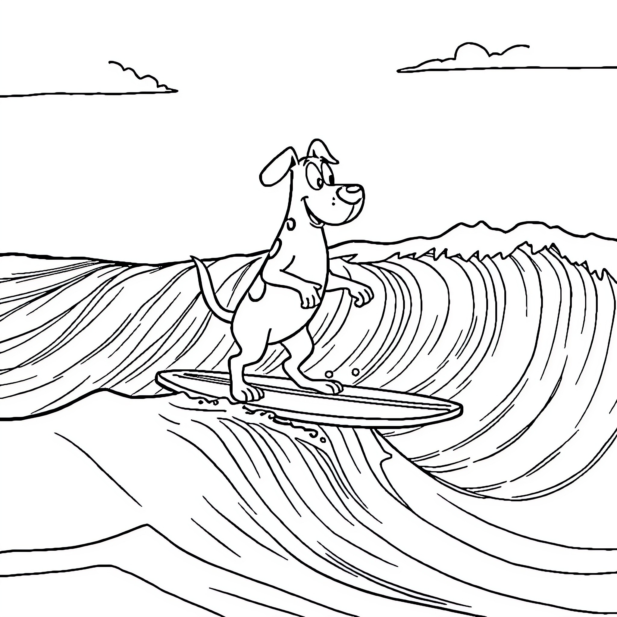 Courage of the Surfing Dog Coloring Page (free black-and-white line drawing printable PDF for all, from beginners to advanced learners, including children, teens, adults, and seniors)