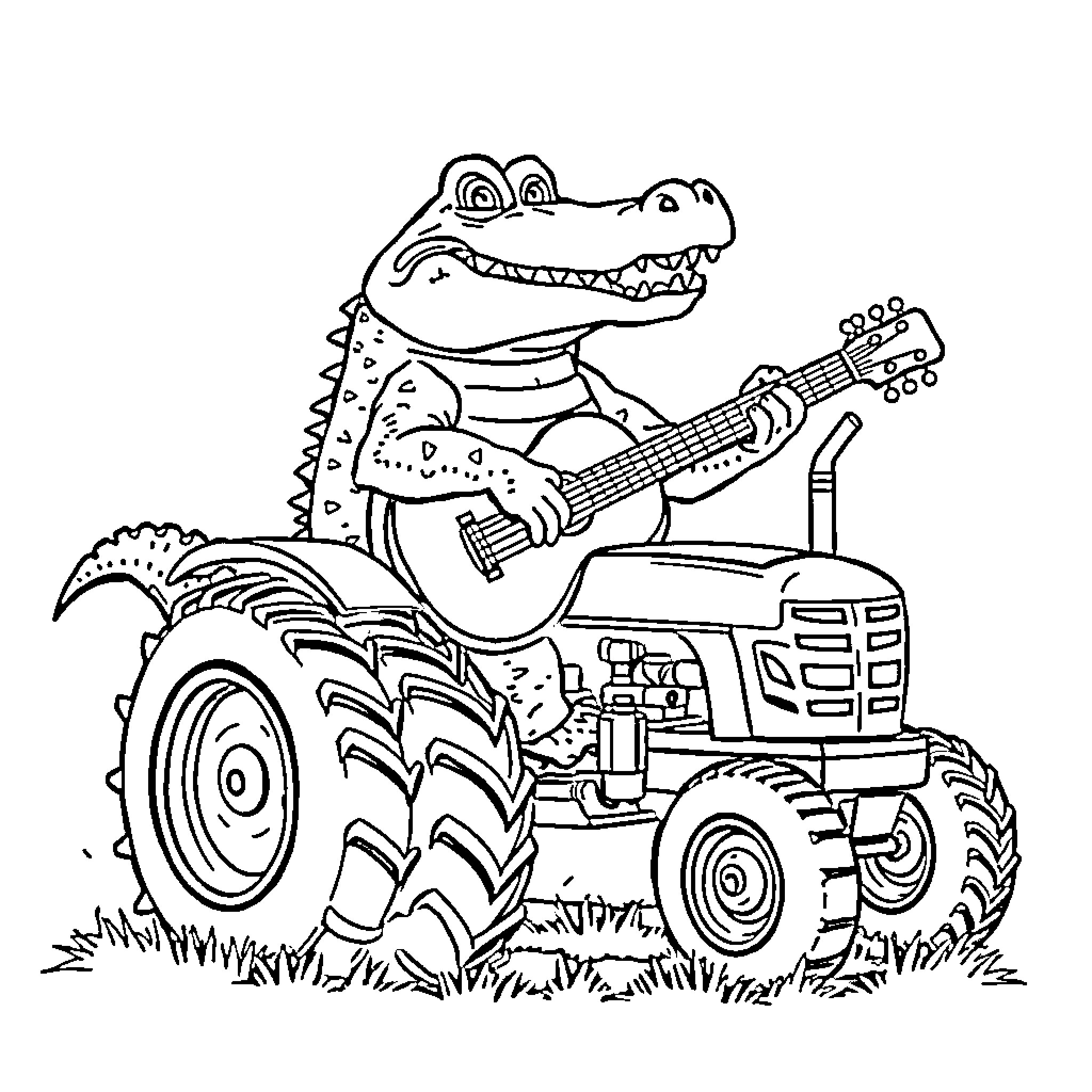 Alligator playing guitar on a tractor Coloring Page (free black-and-white line drawing printable PDF for all, from beginners to advanced learners, including children, teens, adults, and seniors)