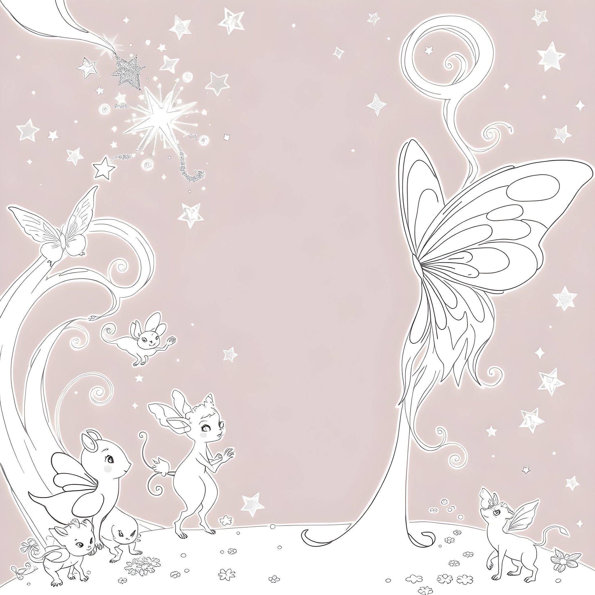 Fairy Godmother guiding magical creatures in the enchanted forest Coloring Page (free black-and-white line drawing printable PDF for all, from beginners to advanced learners, including children, teens, adults, and seniors)