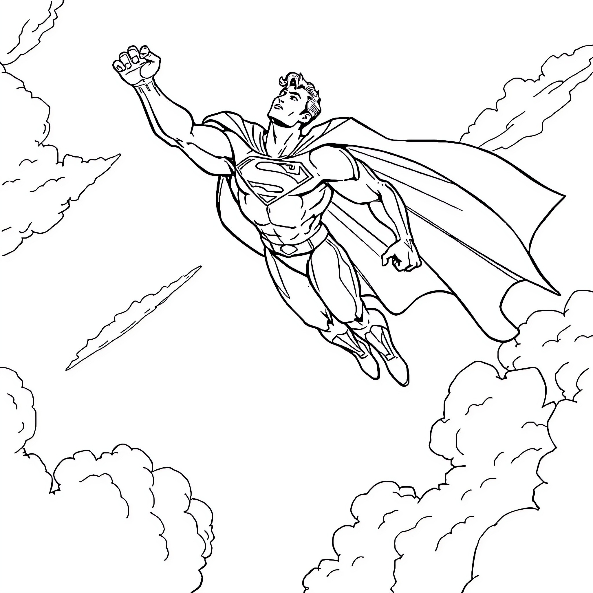 Superman soaring through the sky with determination Coloring Page (free black-and-white line drawing printable PDF for all, from beginners to advanced learners, including children, teens, adults, and seniors)