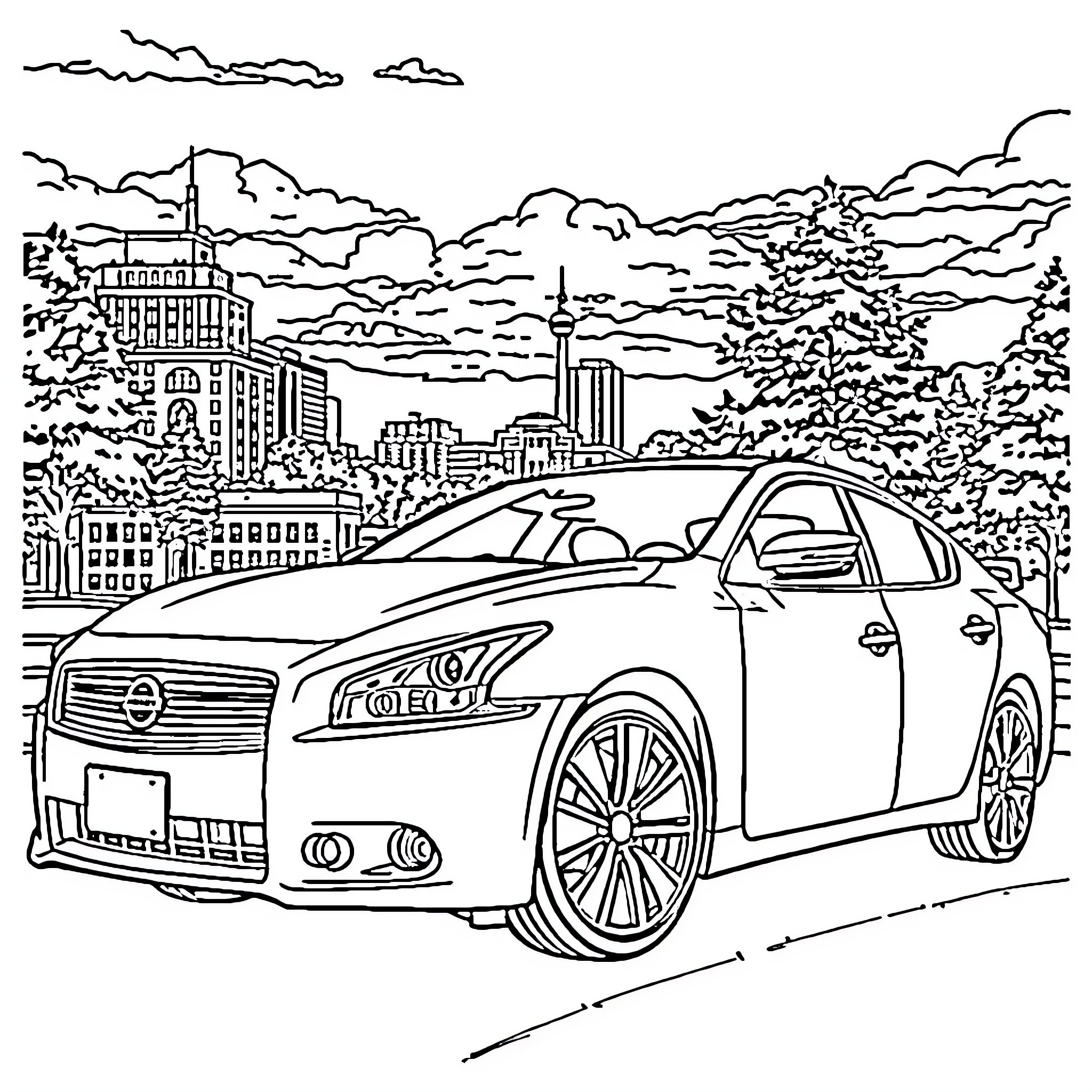 Nissan Maxima driving through a cityscape Coloring Page (free black-and-white line drawing printable PDF for all, from beginners to advanced learners, including children, teens, adults, and seniors)