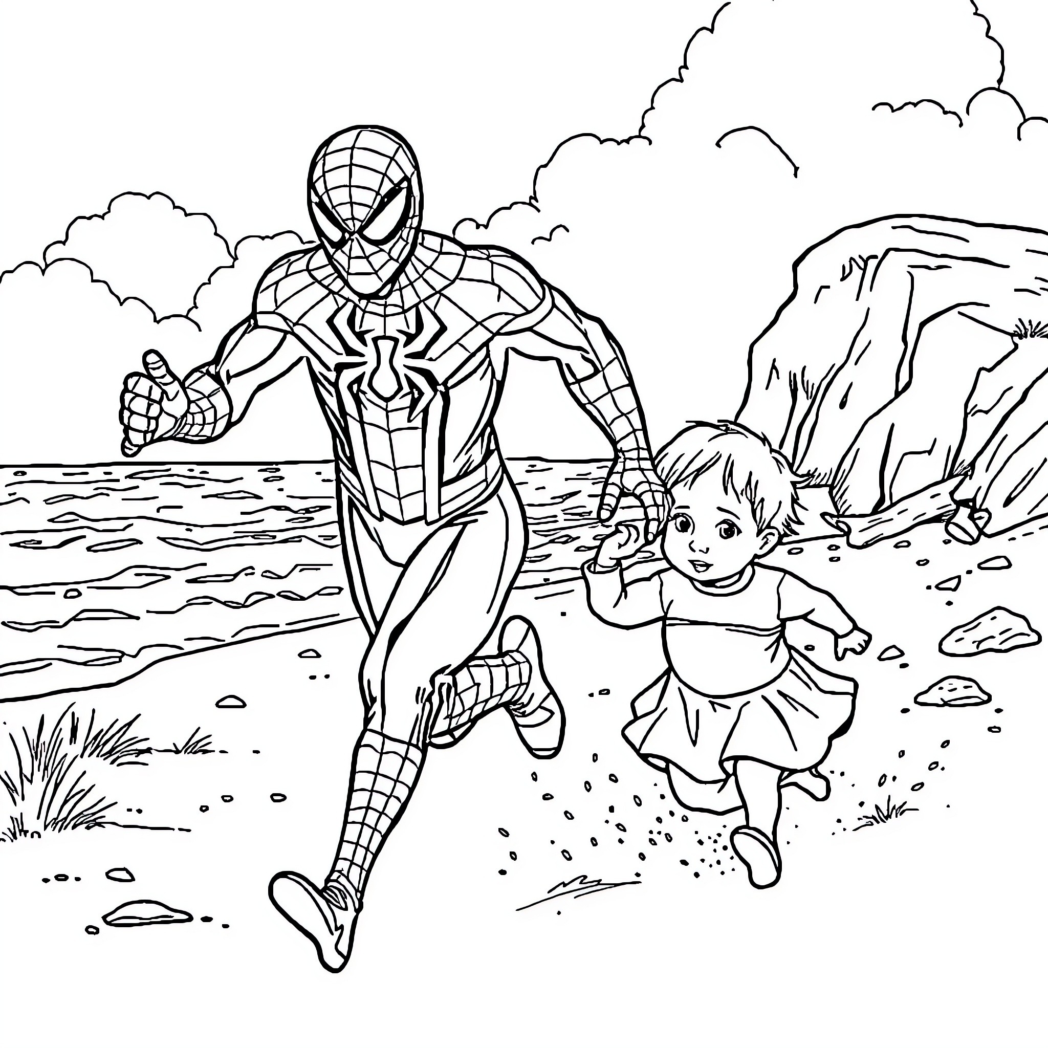 Spiderman rescuing a child near the beach Coloring Page (free black-and-white line drawing printable PDF for all, from beginners to advanced learners, including children, teens, adults, and seniors)