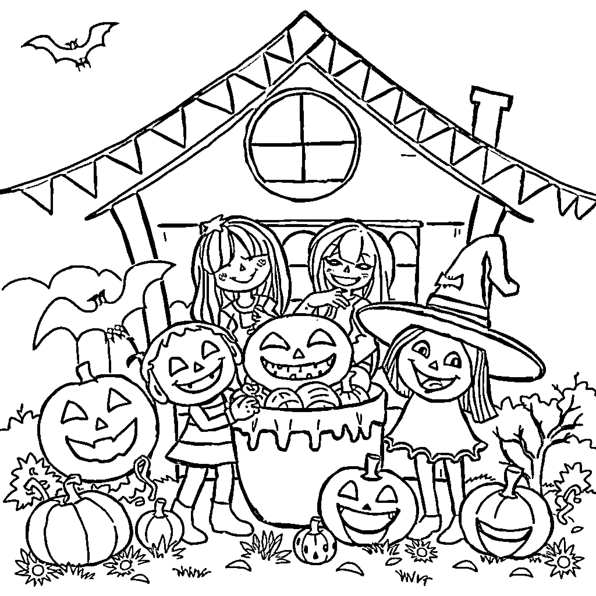 Halloween Trick-or-Treat Celebration at Decorated House Coloring Page (free black-and-white line drawing printable PDF for all, from beginners to advanced learners, including children, teens, adults, and seniors)